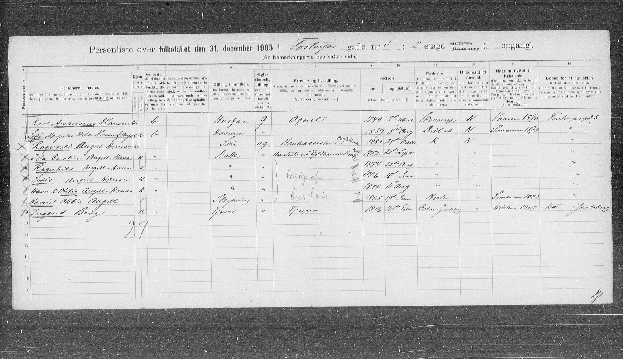 OBA, Municipal Census 1905 for Kristiania, 1905, p. 60492