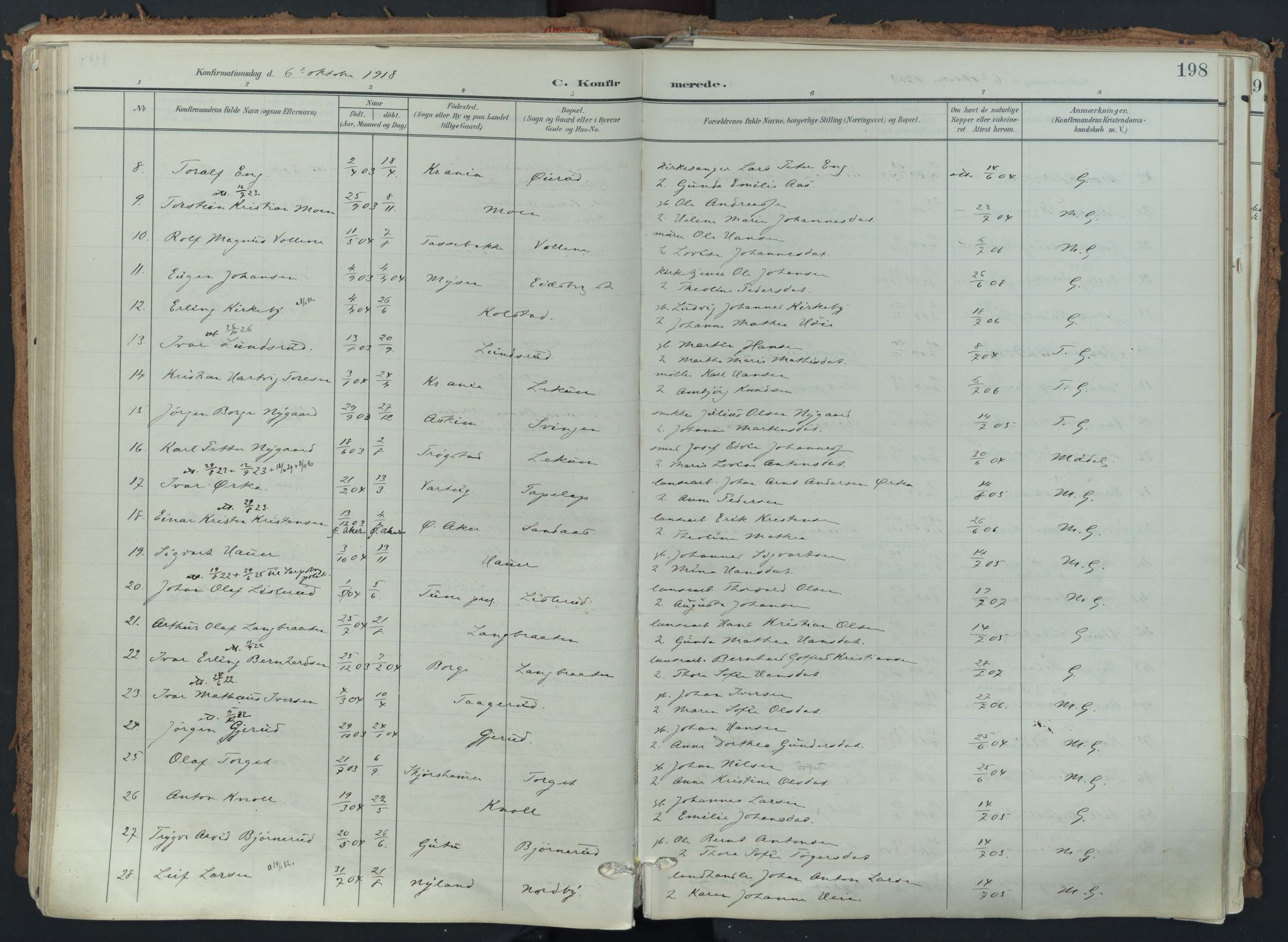 Eidsberg prestekontor Kirkebøker, SAO/A-10905/F/Fa/L0014: Parish register (official) no. I 14, 1902-1919, p. 198