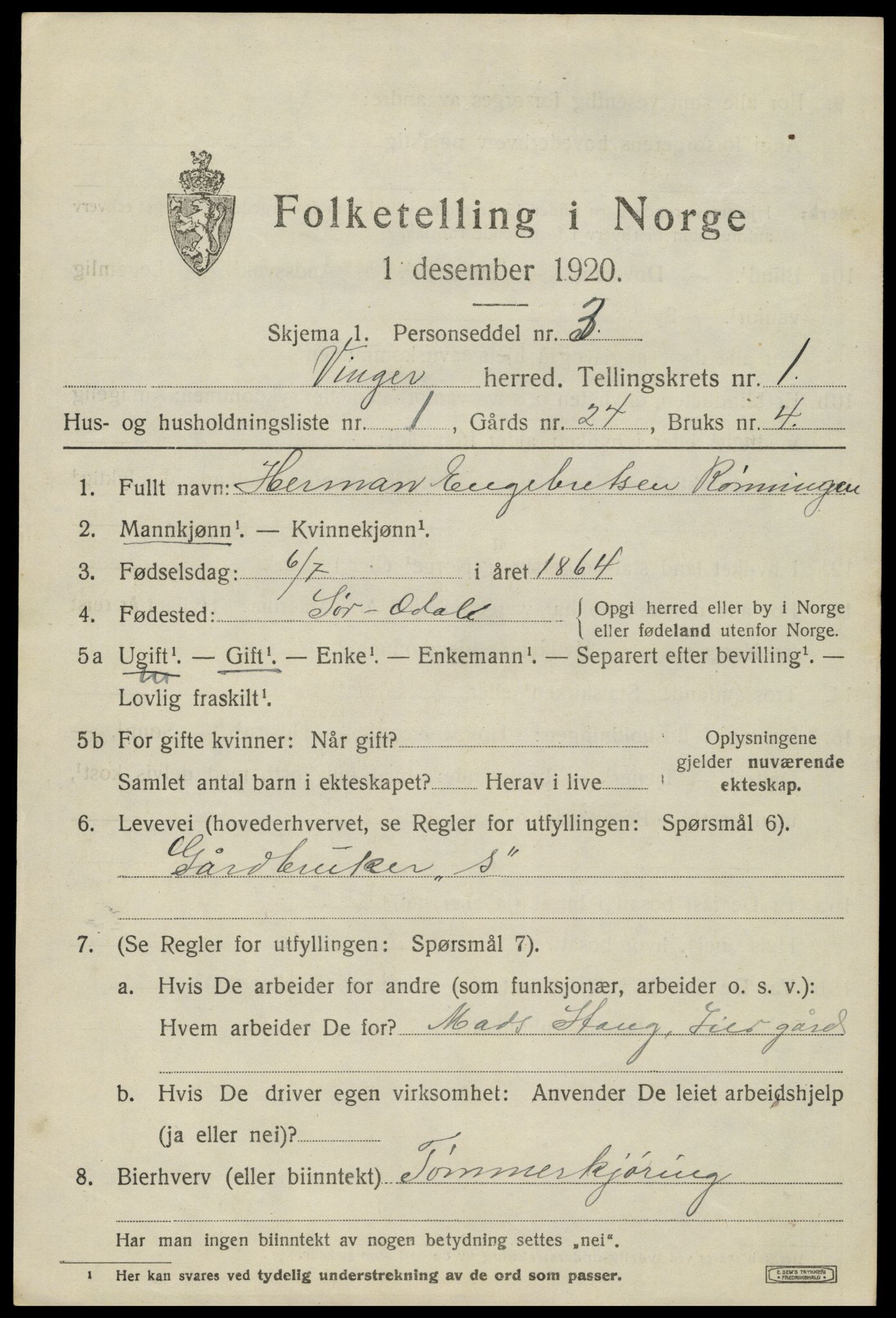 SAH, 1920 census for Vinger, 1920, p. 1842