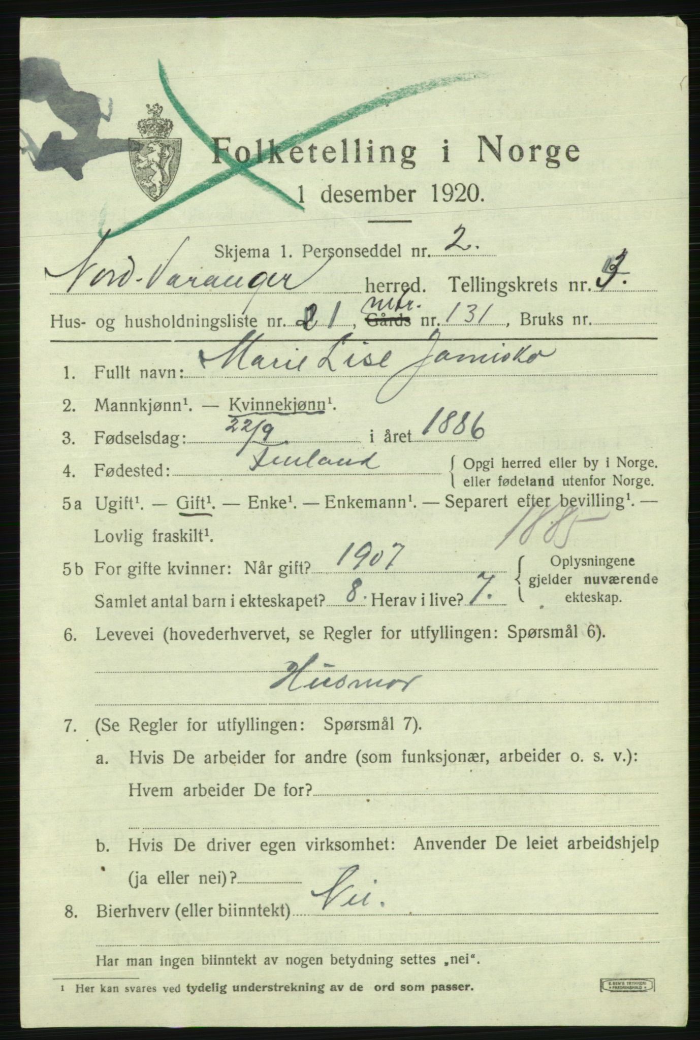 SATØ, 1920 census for Nord-Varanger, 1920, p. 1668