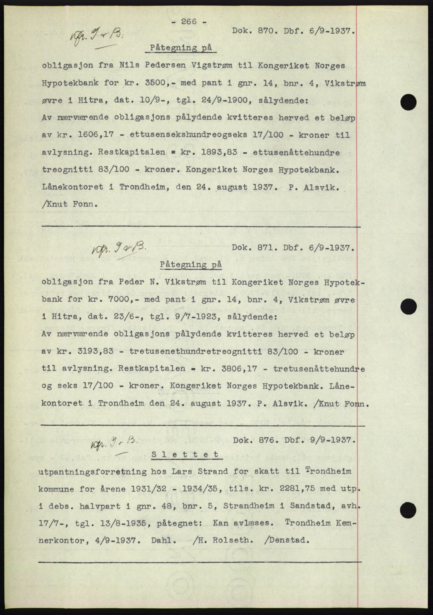 Hitra sorenskriveri, AV/SAT-A-0018/2/2C/2Ca: Mortgage book no. C1, 1936-1945, Diary no: : 870/1937