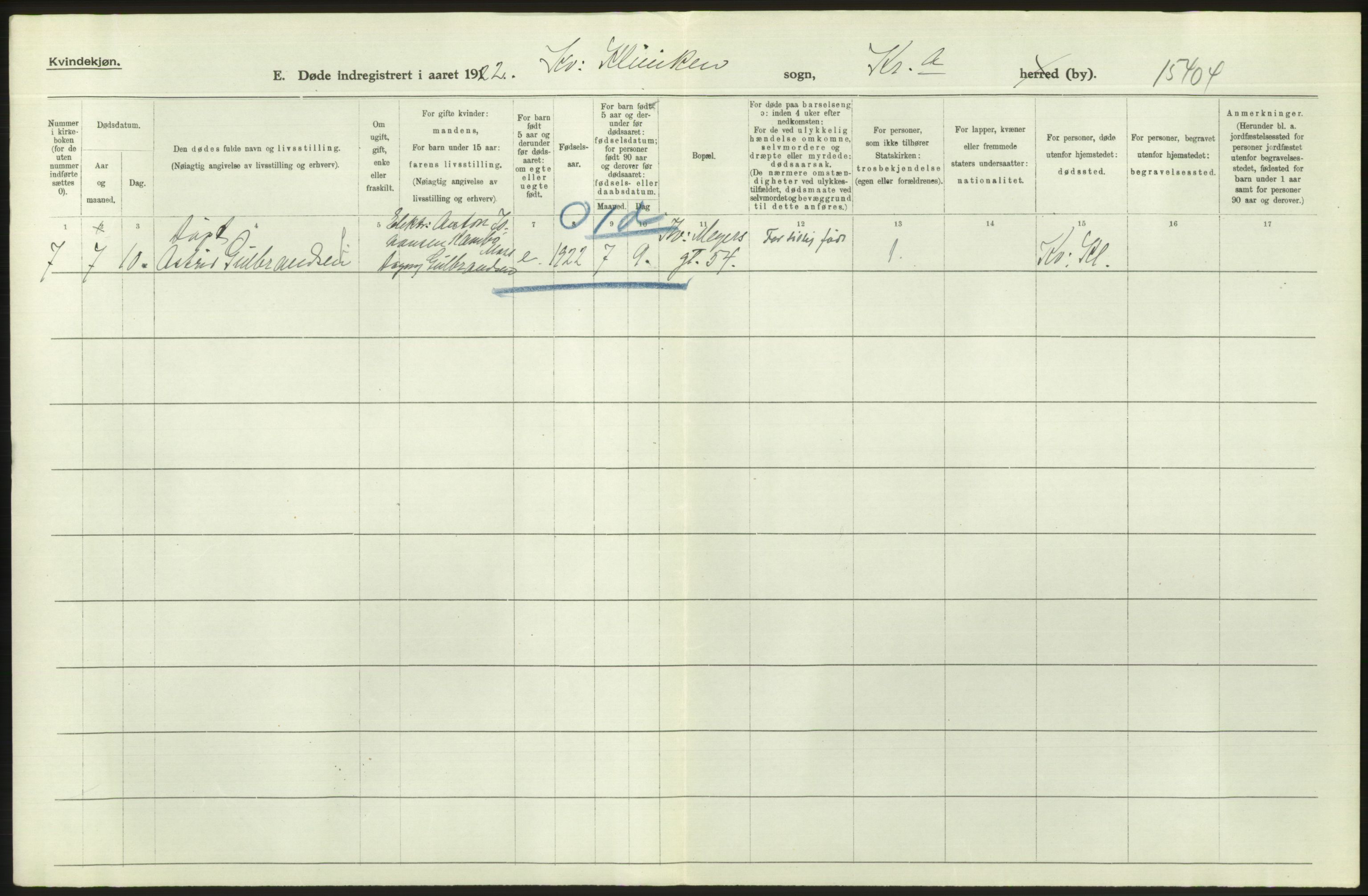 Statistisk sentralbyrå, Sosiodemografiske emner, Befolkning, AV/RA-S-2228/D/Df/Dfc/Dfcb/L0010: Kristiania: Døde, dødfødte, 1922, p. 620