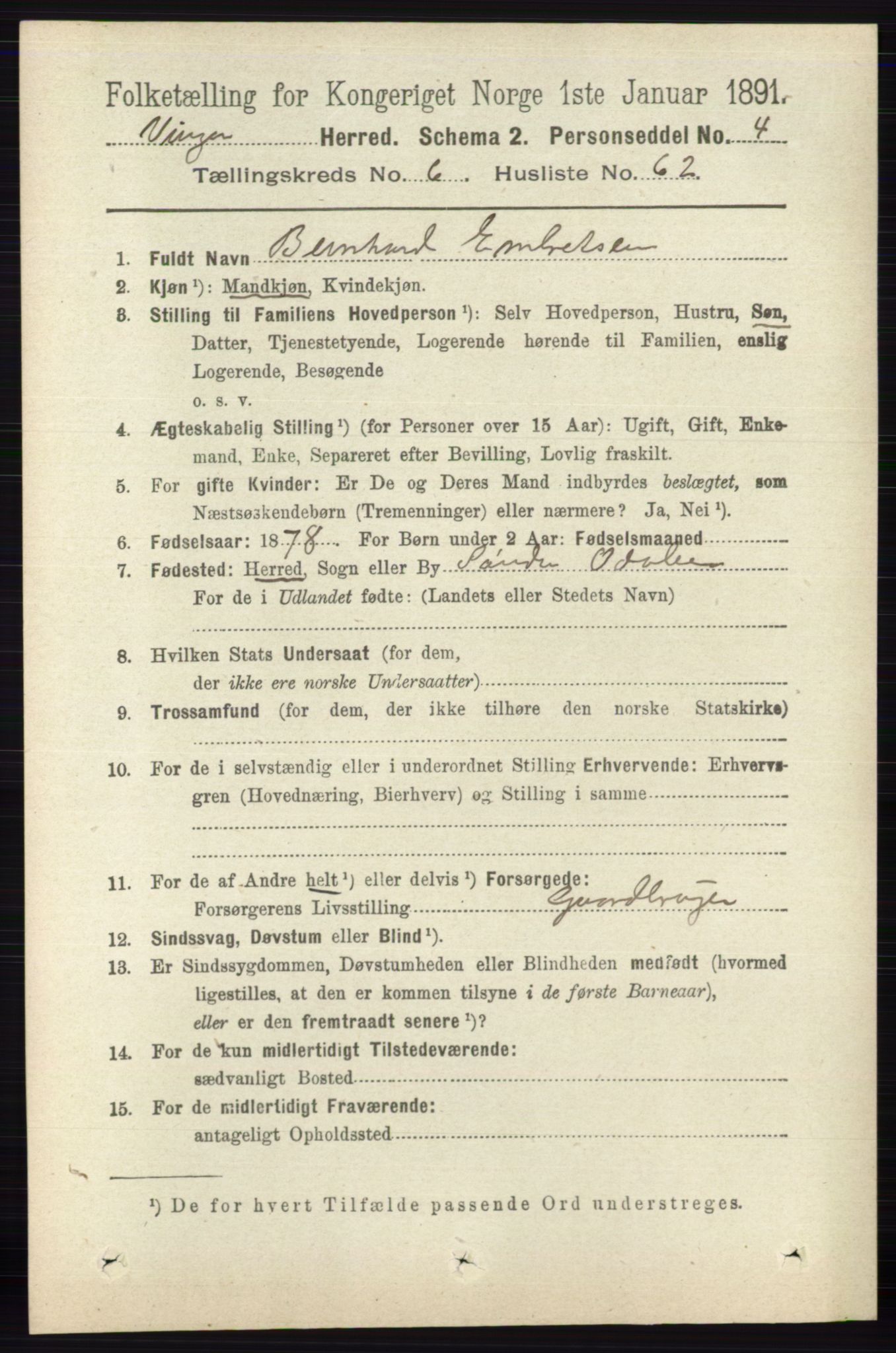 RA, 1891 census for 0421 Vinger, 1891, p. 2973
