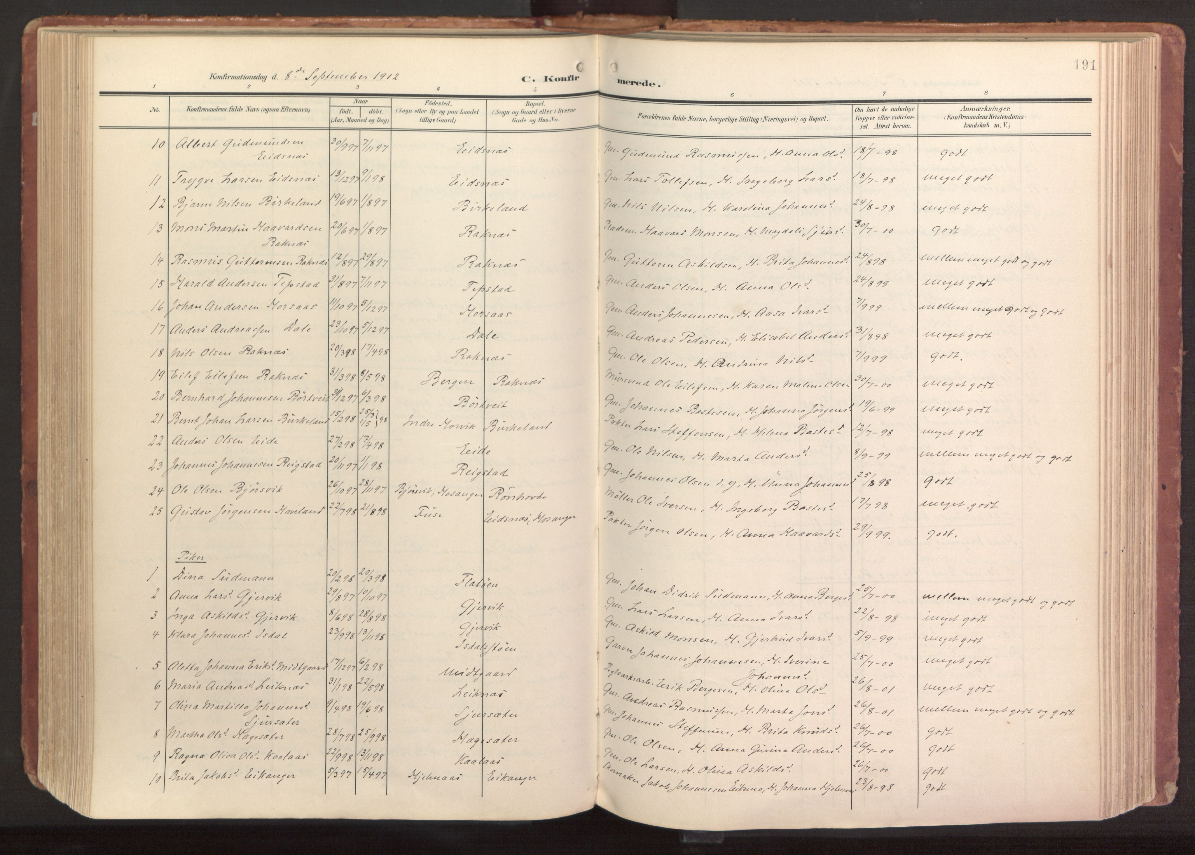 Hamre sokneprestembete, SAB/A-75501/H/Ha/Haa/Haab/L0002: Parish register (official) no. B 2, 1905-1924, p. 191
