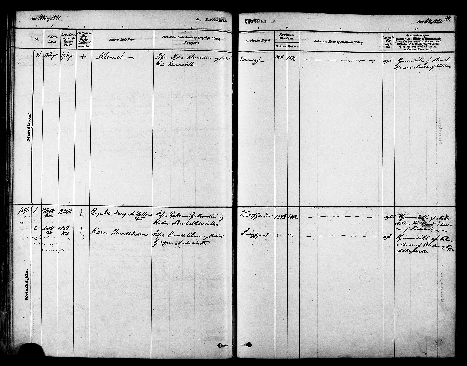 Tana sokneprestkontor, SATØ/S-1334/H/Ha/L0004kirke: Parish register (official) no. 4, 1878-1891, p. 92