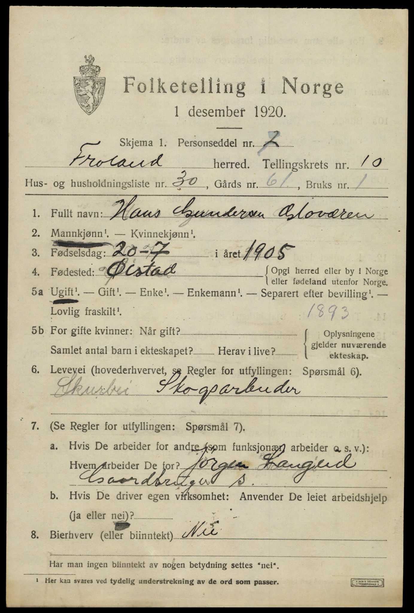 SAK, 1920 census for Froland, 1920, p. 5655