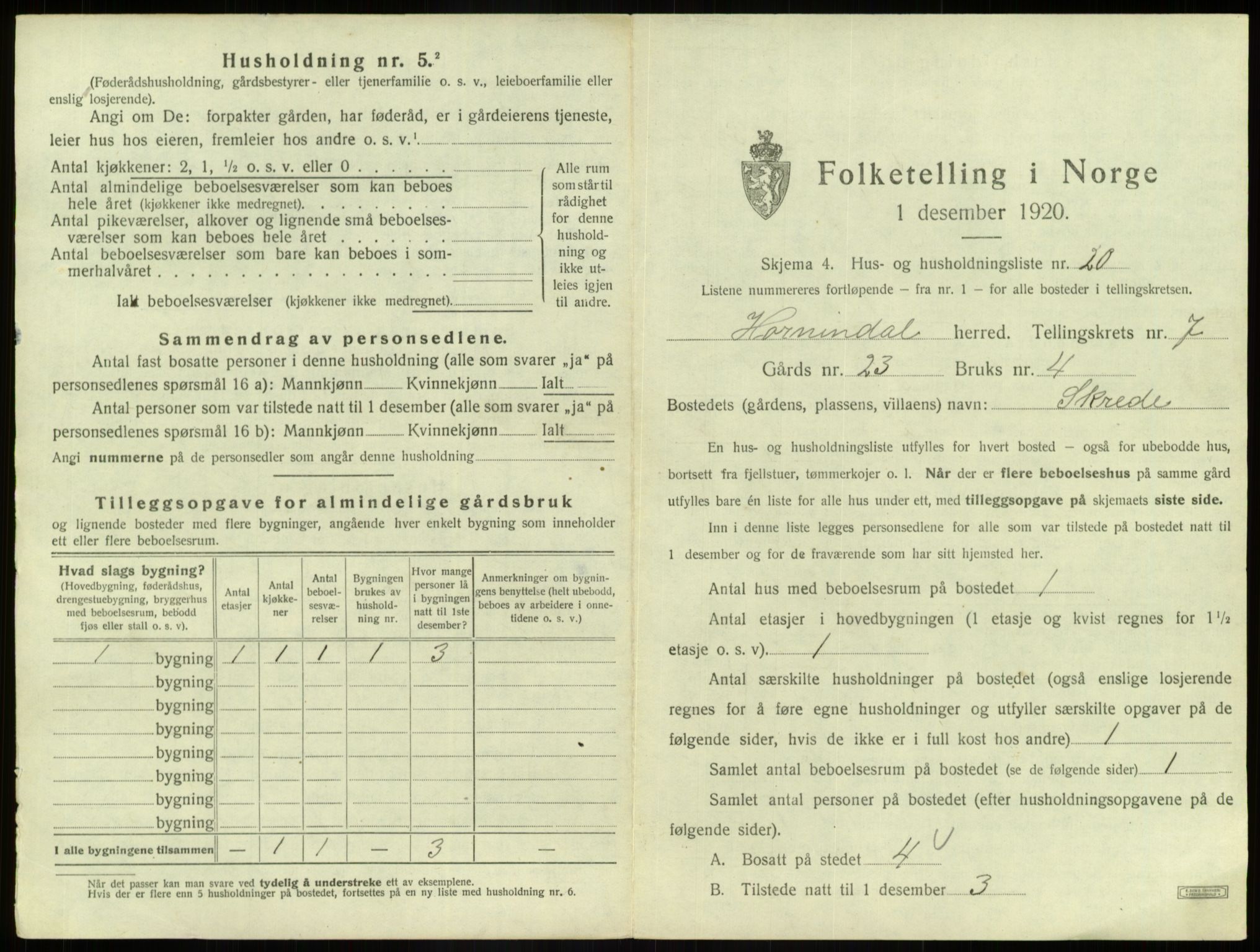 SAB, 1920 census for Hornindal, 1920, p. 511