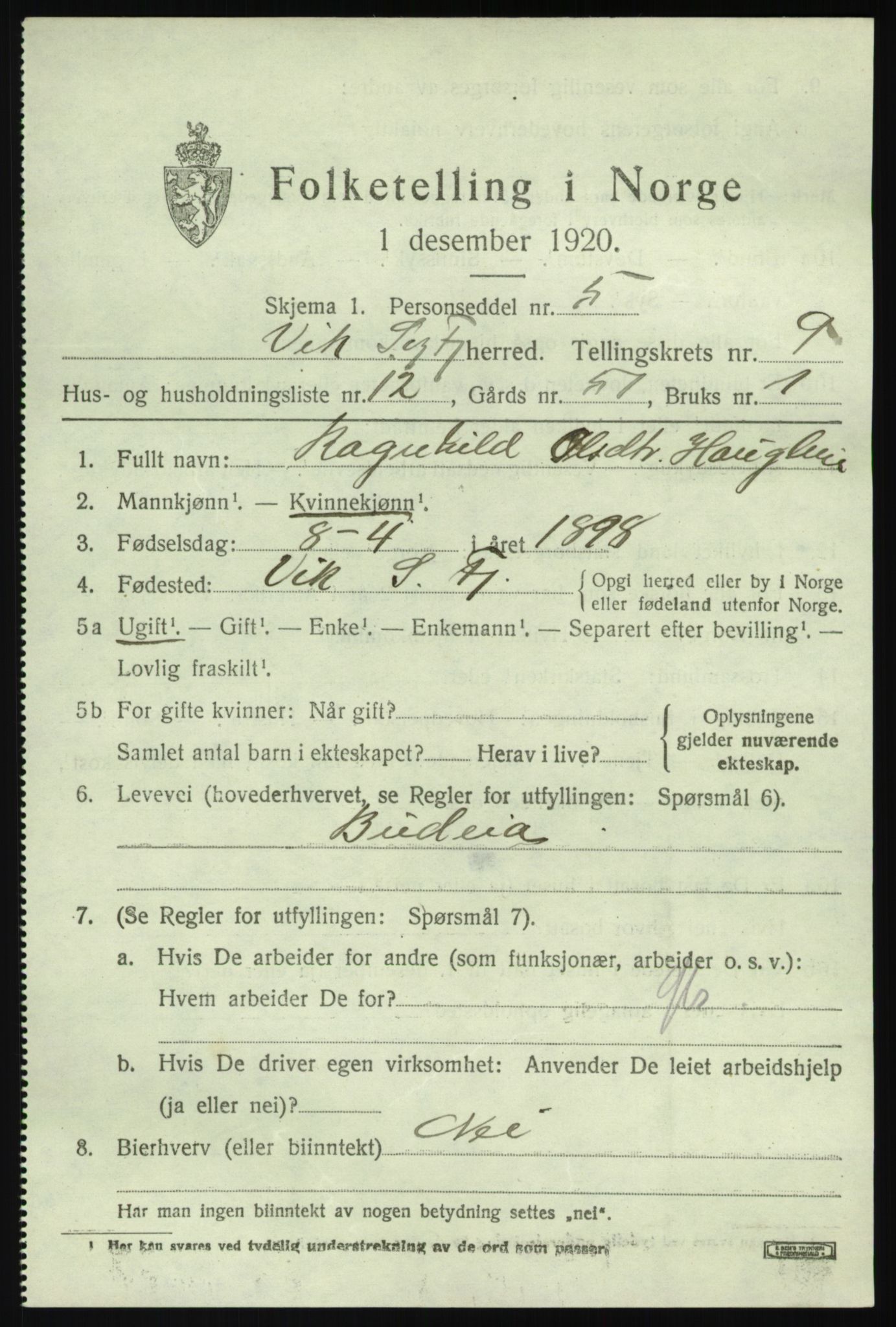 SAB, 1920 census for Vik, 1920, p. 5663