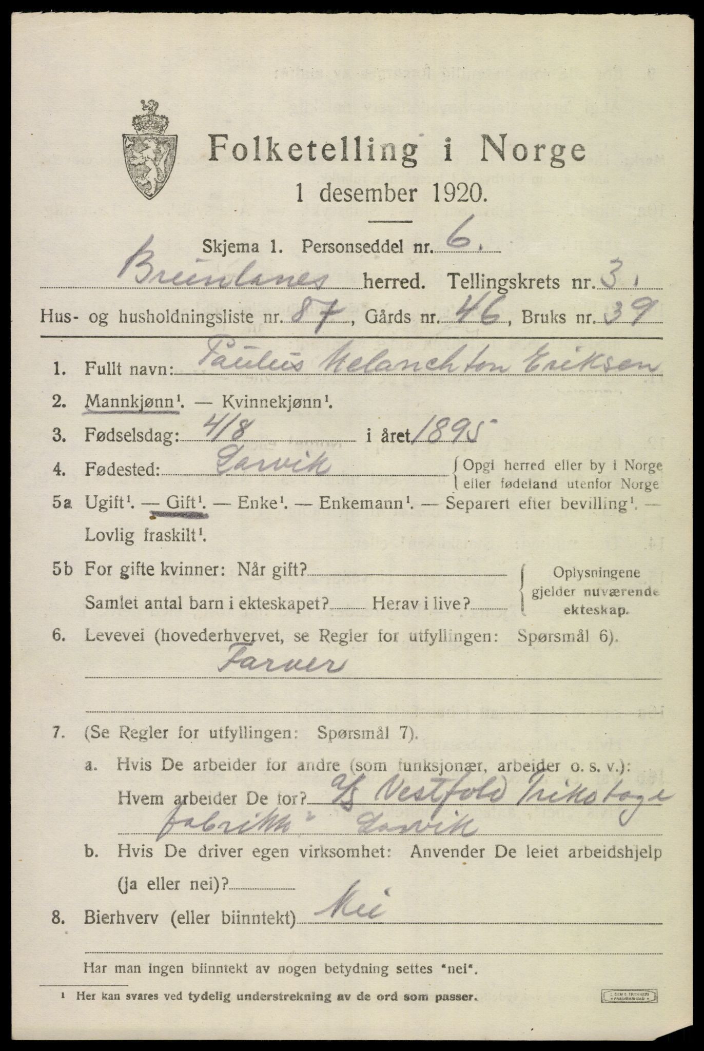 SAKO, 1920 census for Brunlanes, 1920, p. 5753