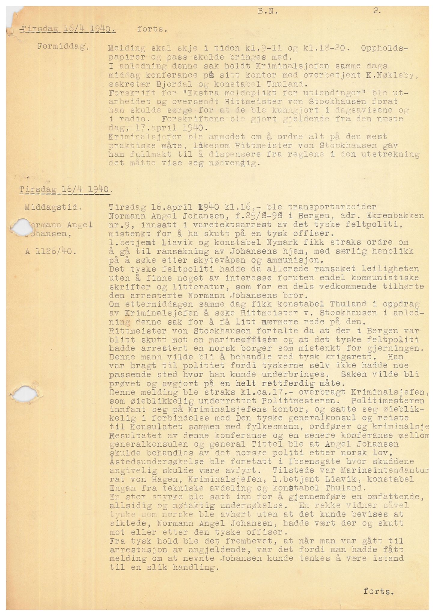 Bergen politikammer / politidistrikt, SAB/A-60401/Y/Ye/L0001: Avskrift av krigsdagbok av Dankert Thuland, 1940-1941, p. 2
