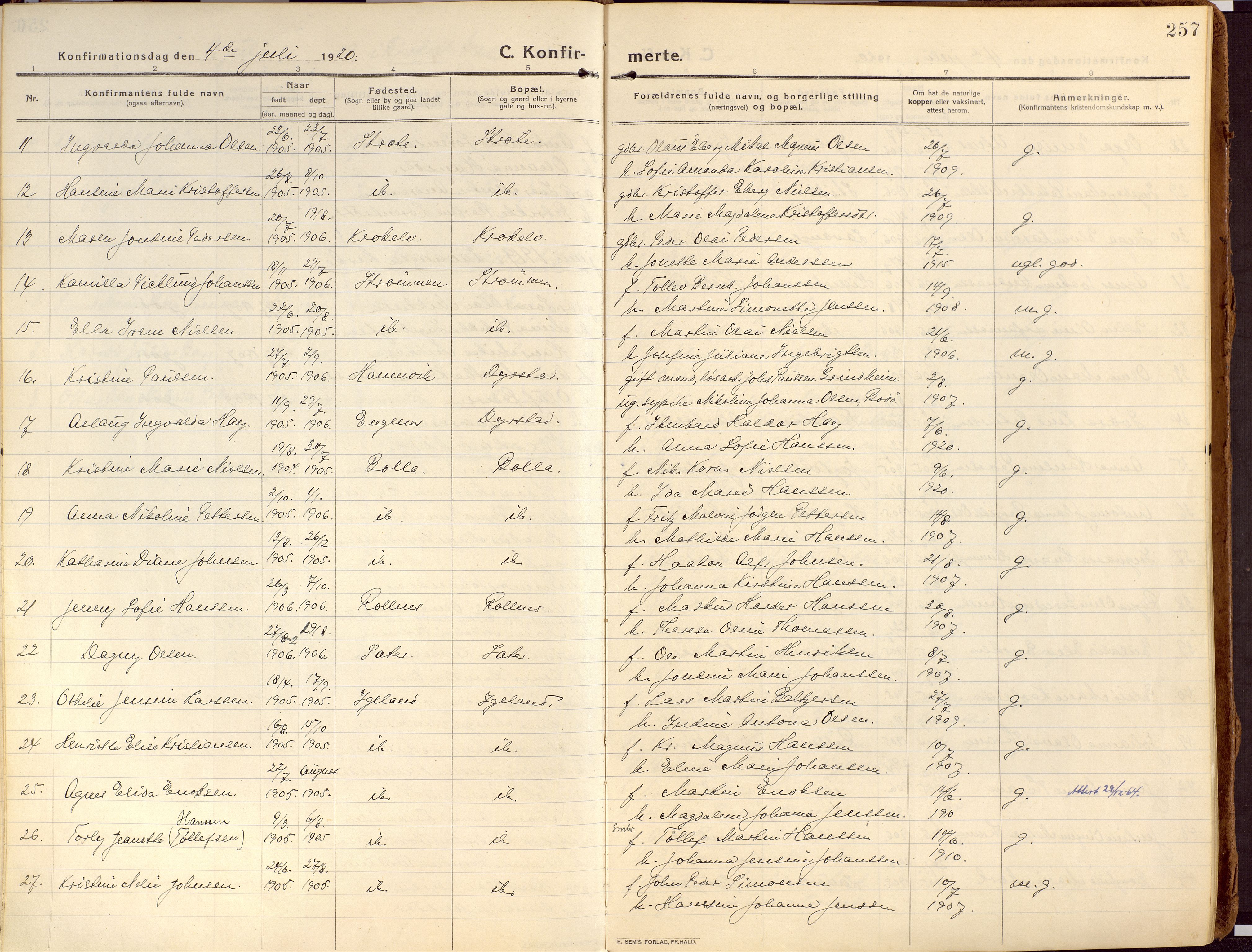 Ibestad sokneprestembete, SATØ/S-0077/H/Ha/Haa/L0018kirke: Parish register (official) no. 18, 1915-1929, p. 257