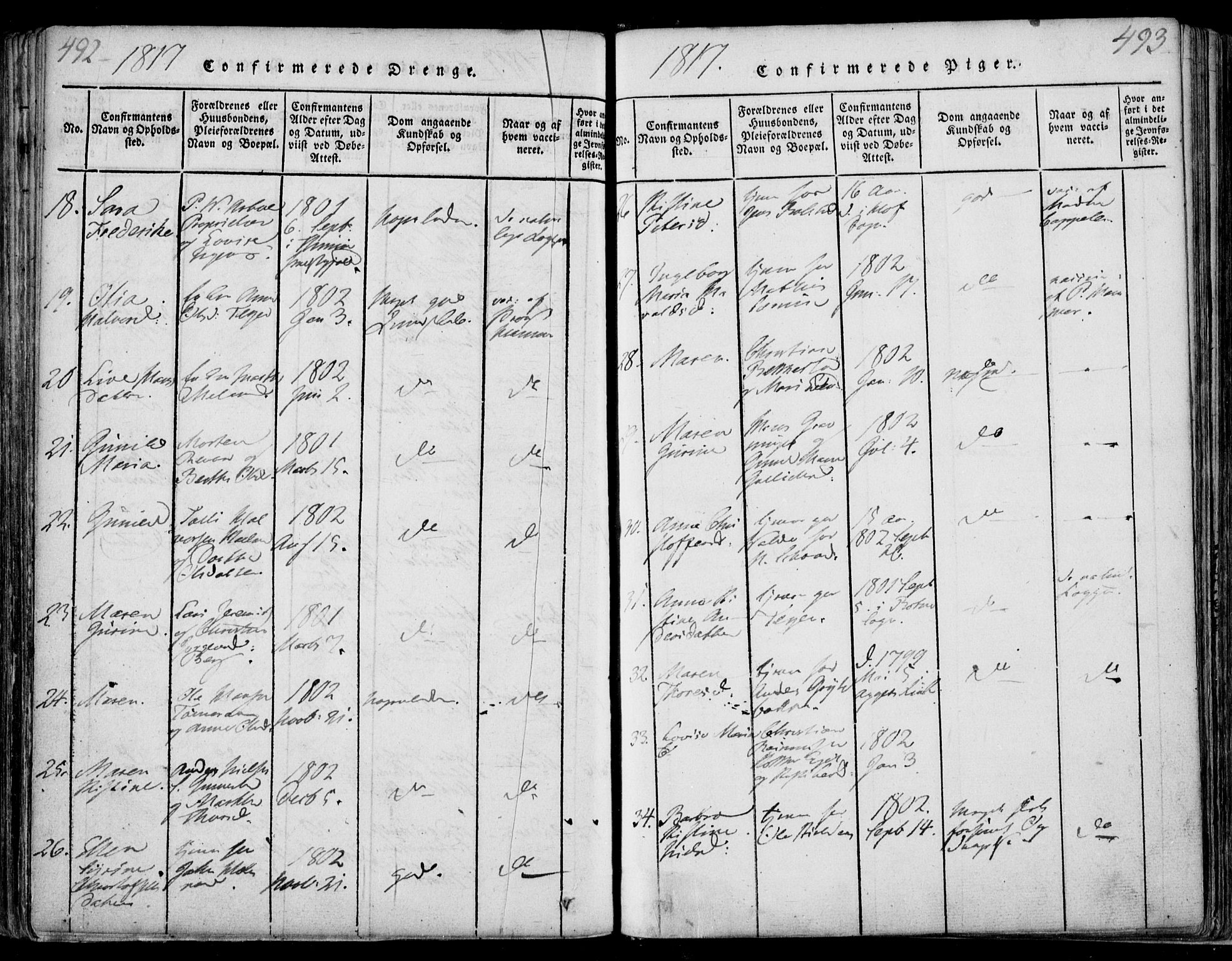 Sande Kirkebøker, SAKO/A-53/F/Fa/L0003: Parish register (official) no. 3, 1814-1847, p. 492-493
