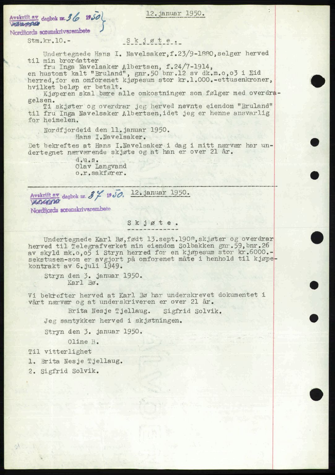 Nordfjord sorenskriveri, SAB/A-2801/02/02b/02bj/L0016a: Mortgage book no. A16 I, 1949-1950, Diary no: : 36/1950