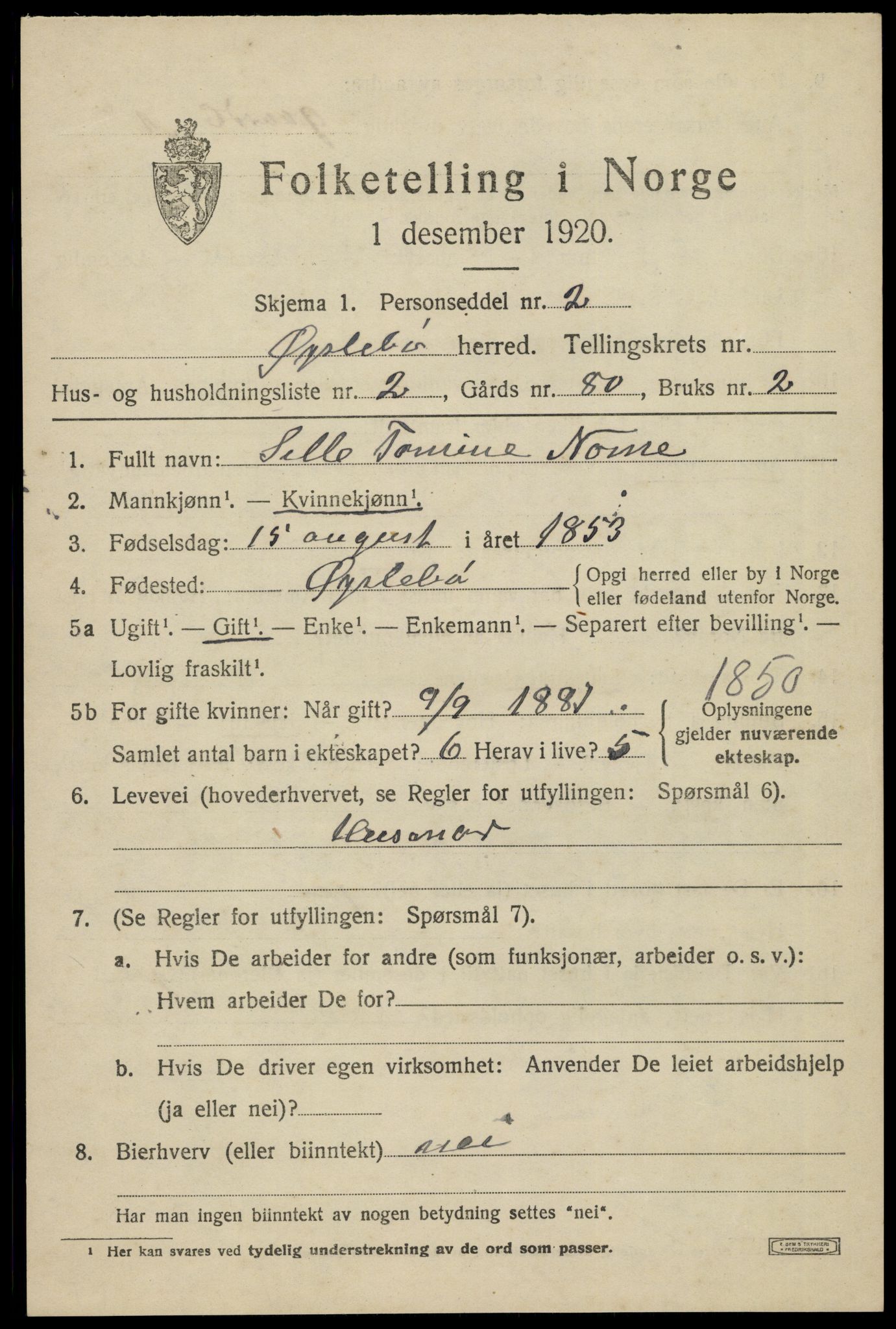 SAK, 1920 census for Øyslebø, 1920, p. 1298