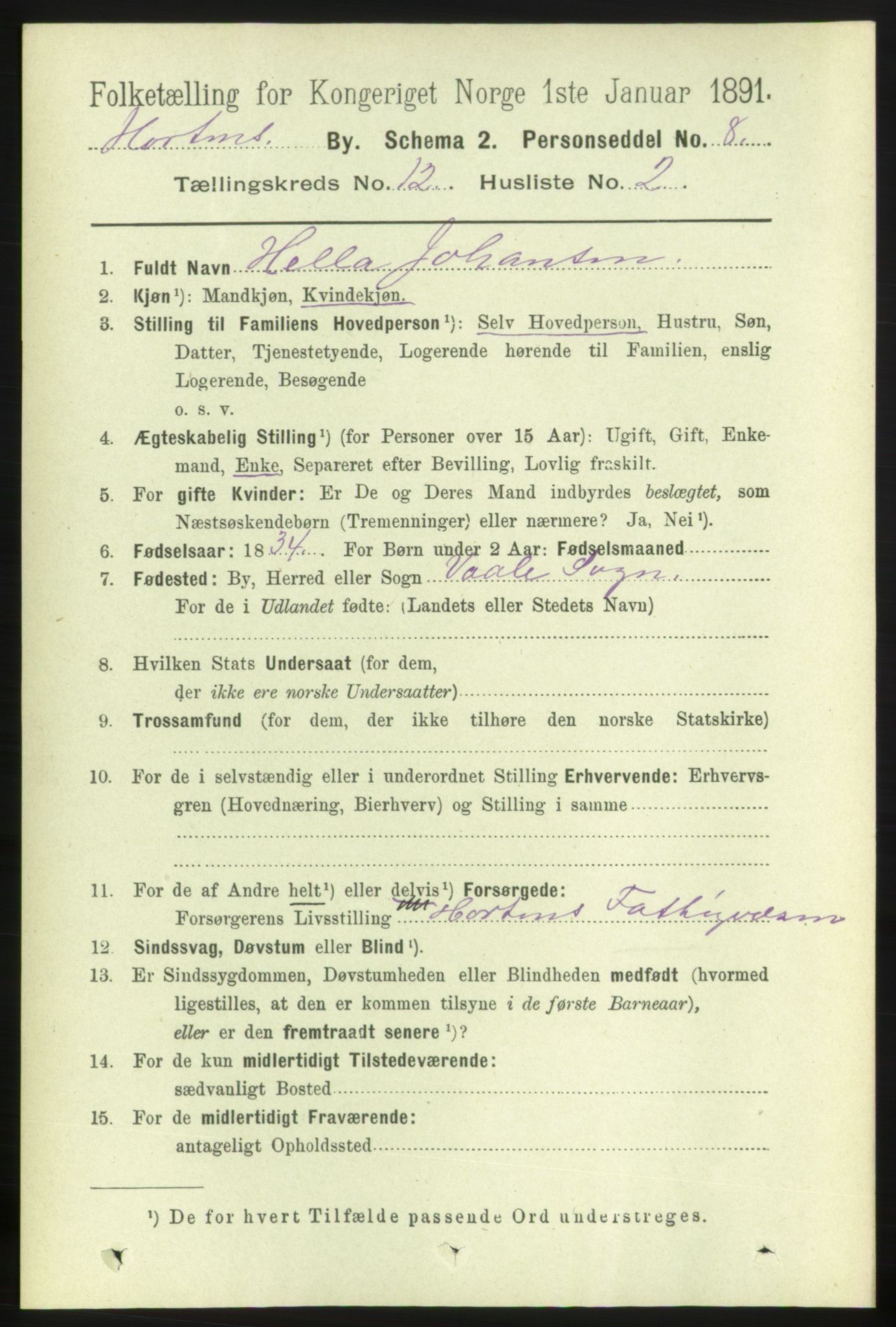 RA, 1891 census for 0703 Horten, 1891, p. 7409