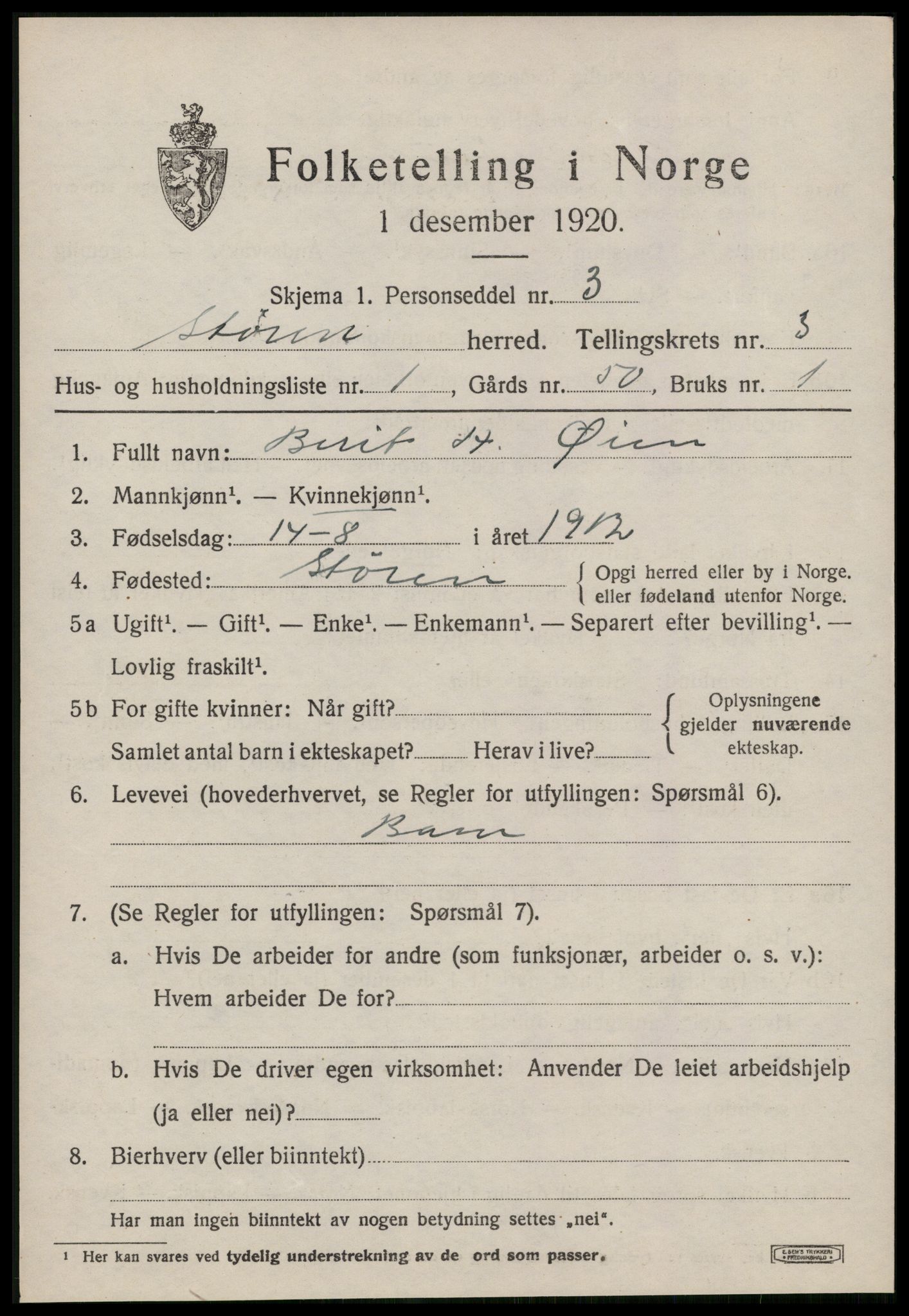 SAT, 1920 census for Støren, 1920, p. 2406