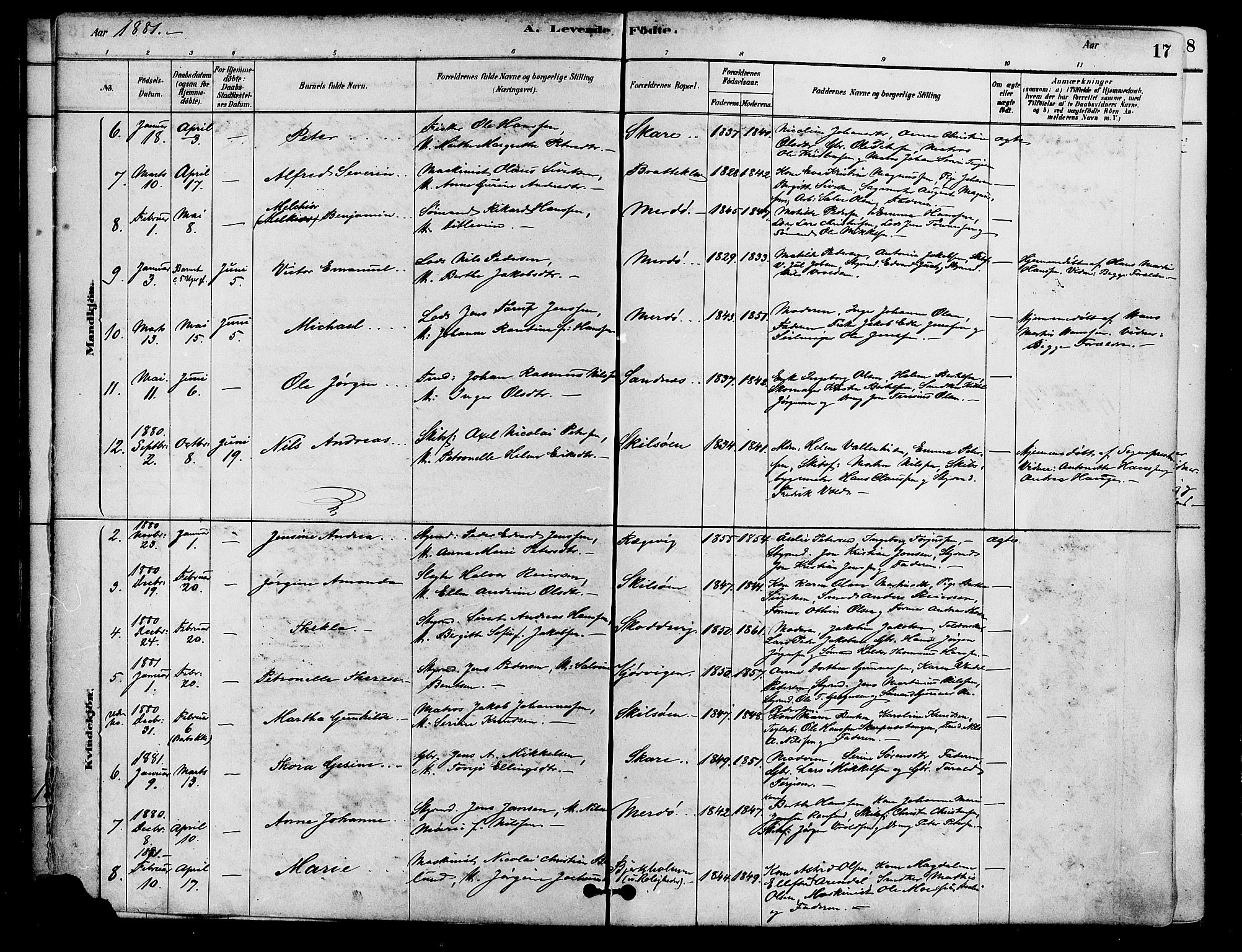 Tromøy sokneprestkontor, AV/SAK-1111-0041/F/Fa/L0009: Parish register (official) no. A 9, 1878-1896, p. 17