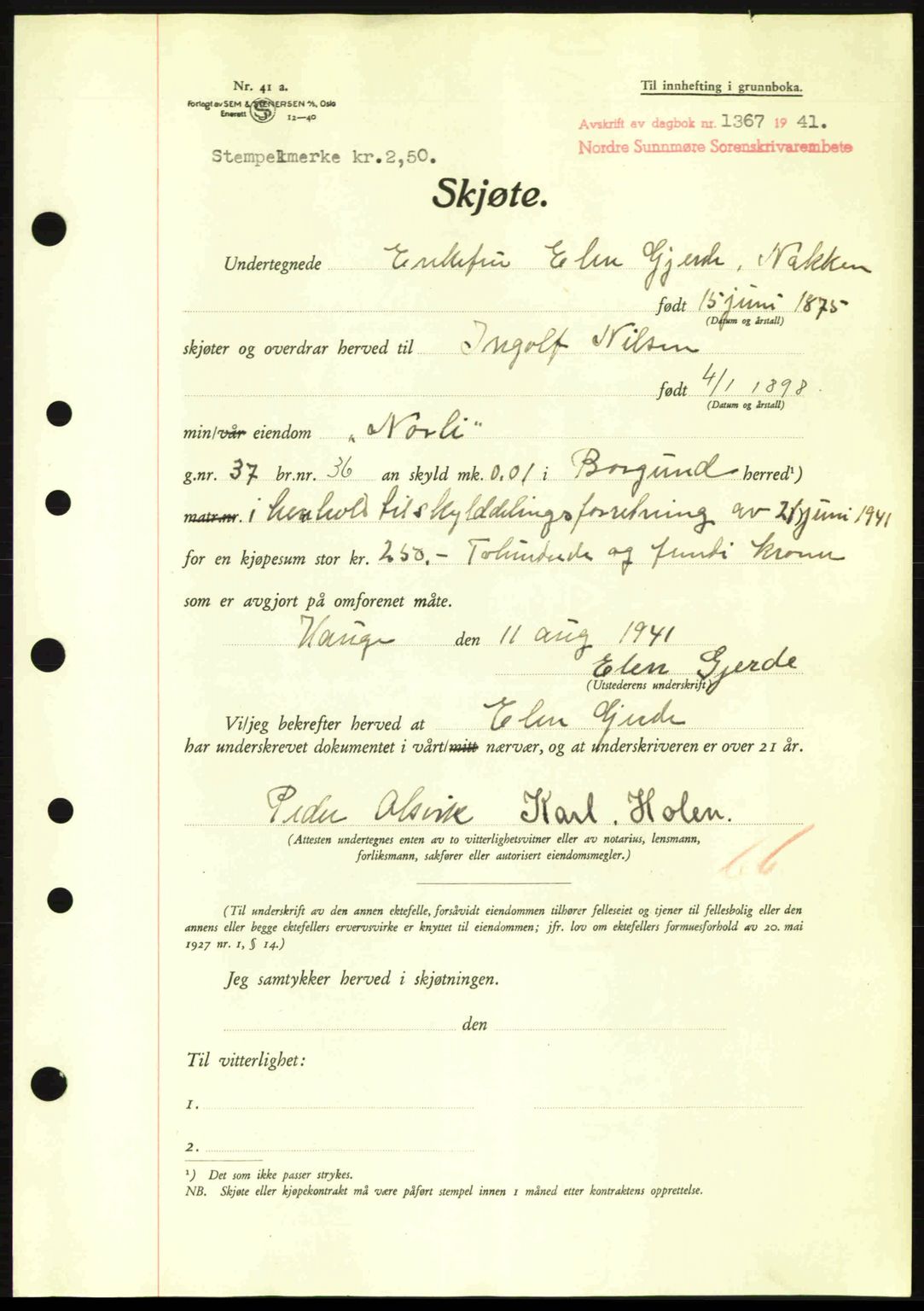 Nordre Sunnmøre sorenskriveri, AV/SAT-A-0006/1/2/2C/2Ca: Mortgage book no. A11, 1941-1941, Diary no: : 1367/1941