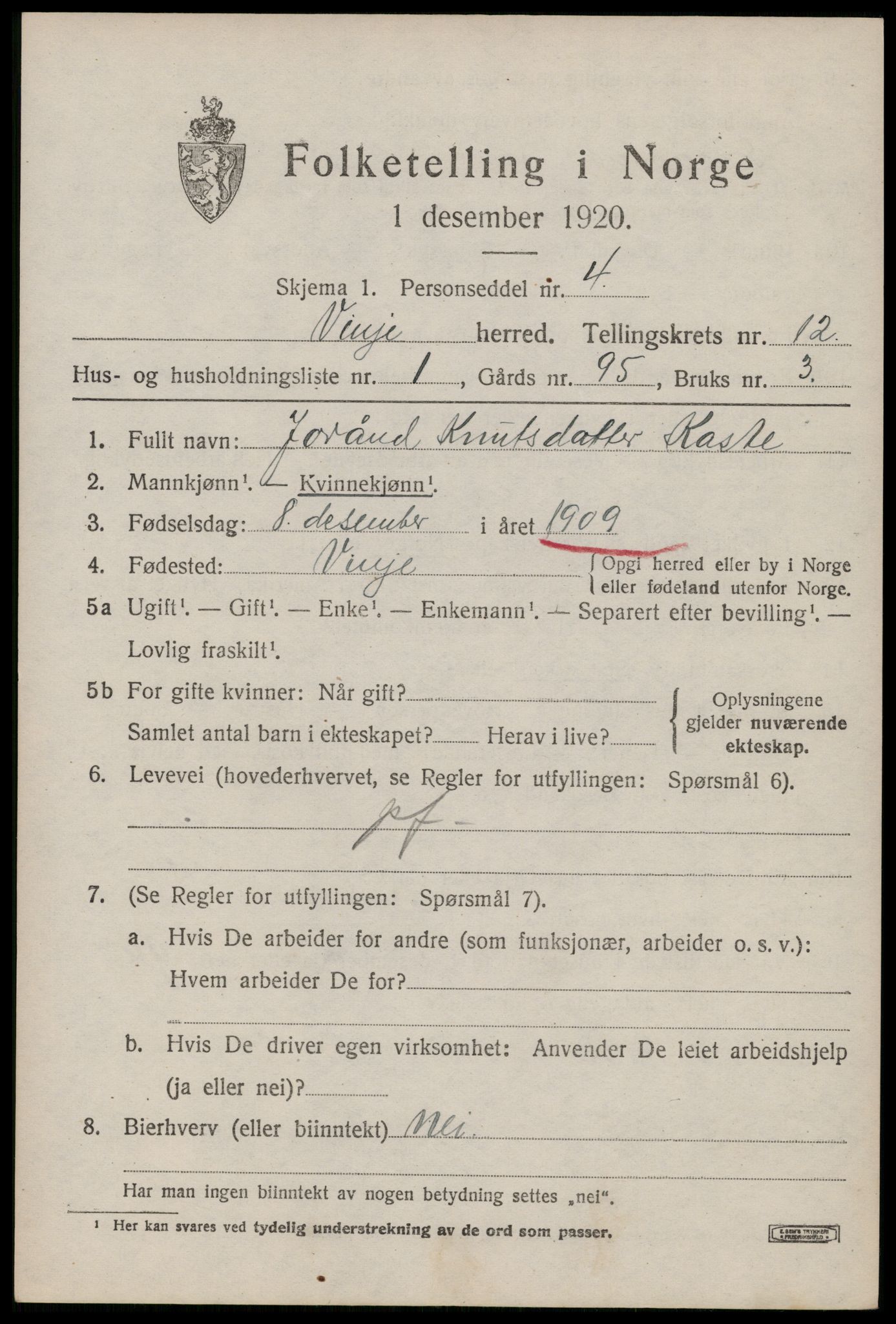 SAKO, 1920 census for Vinje, 1920, p. 3893