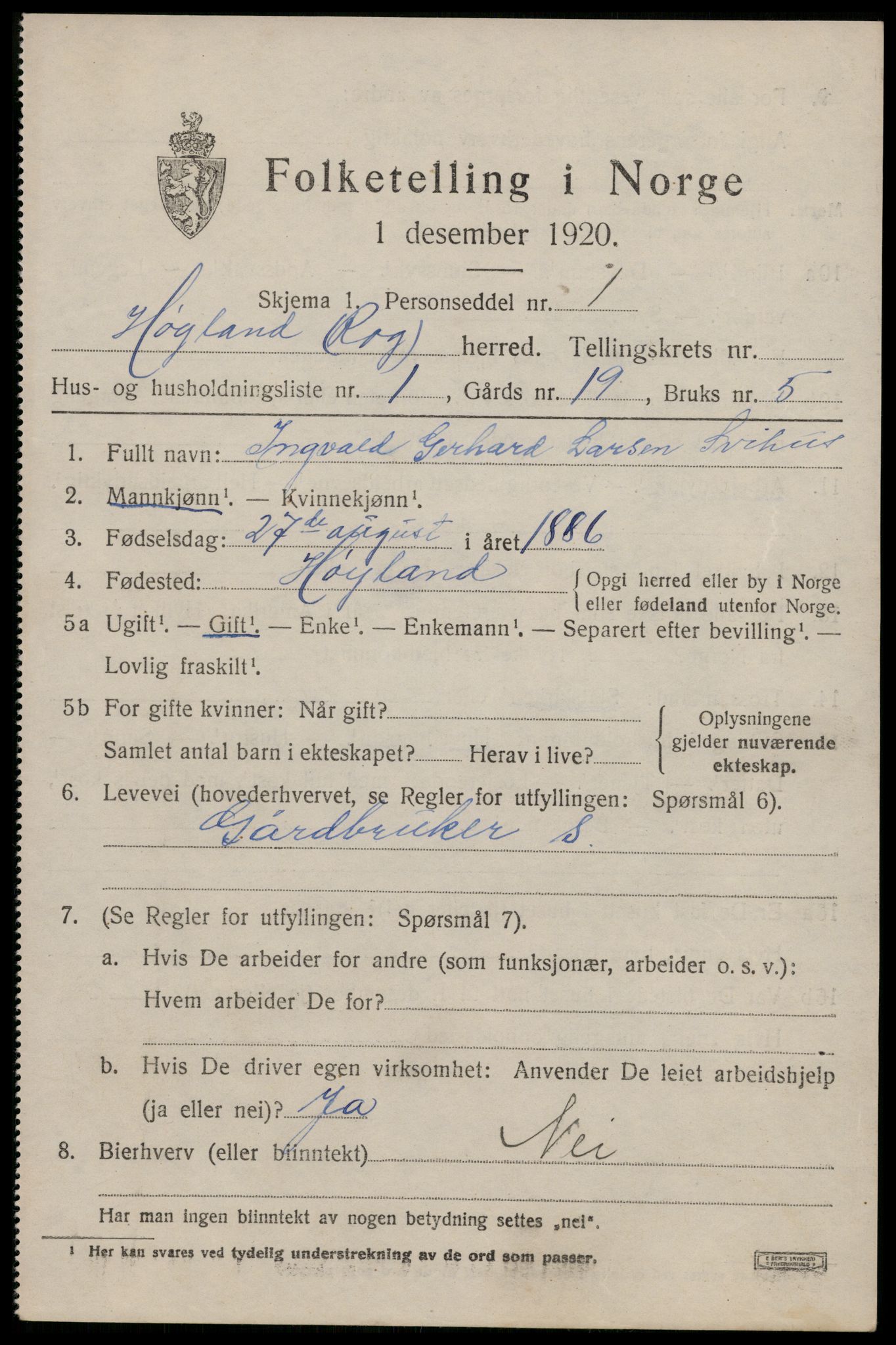 SAST, 1920 census for Høyland, 1920, p. 3414