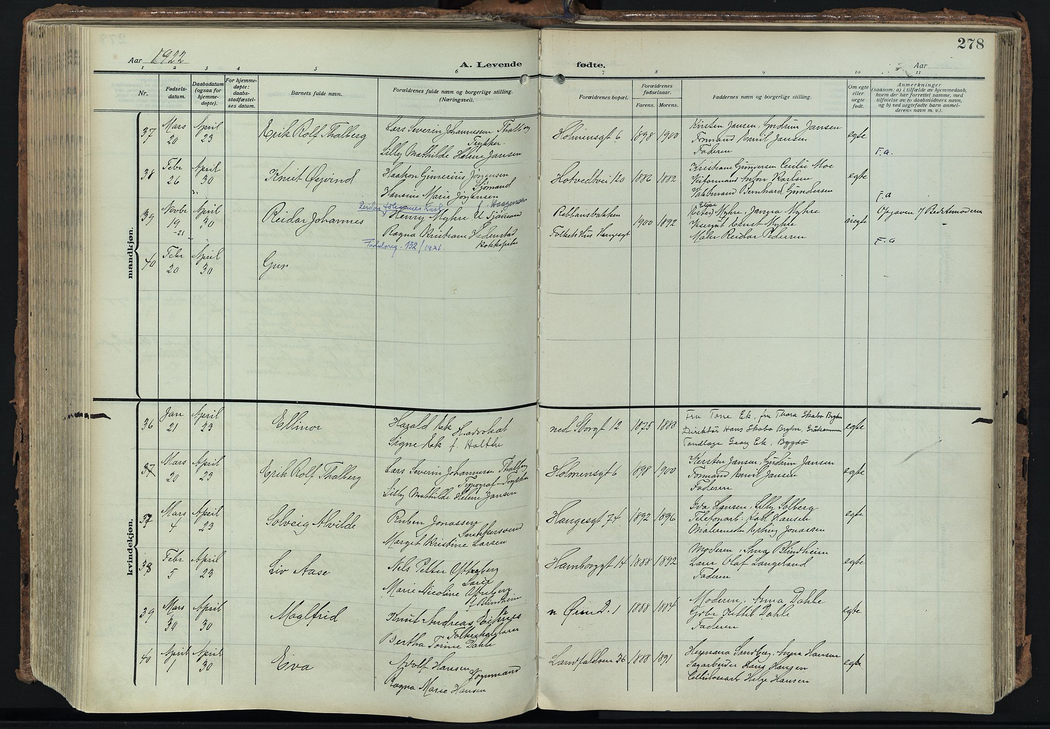 Bragernes kirkebøker, AV/SAKO-A-6/F/Fb/L0010: Parish register (official) no. II 10, 1911-1922, p. 278