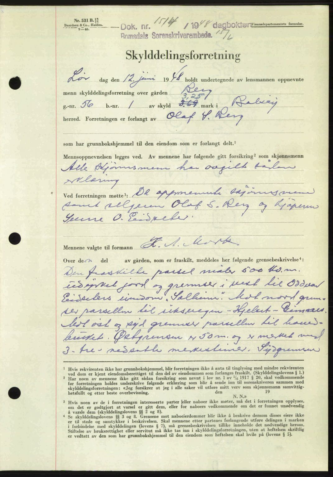 Romsdal sorenskriveri, AV/SAT-A-4149/1/2/2C: Mortgage book no. A26, 1948-1948, Diary no: : 1514/1948