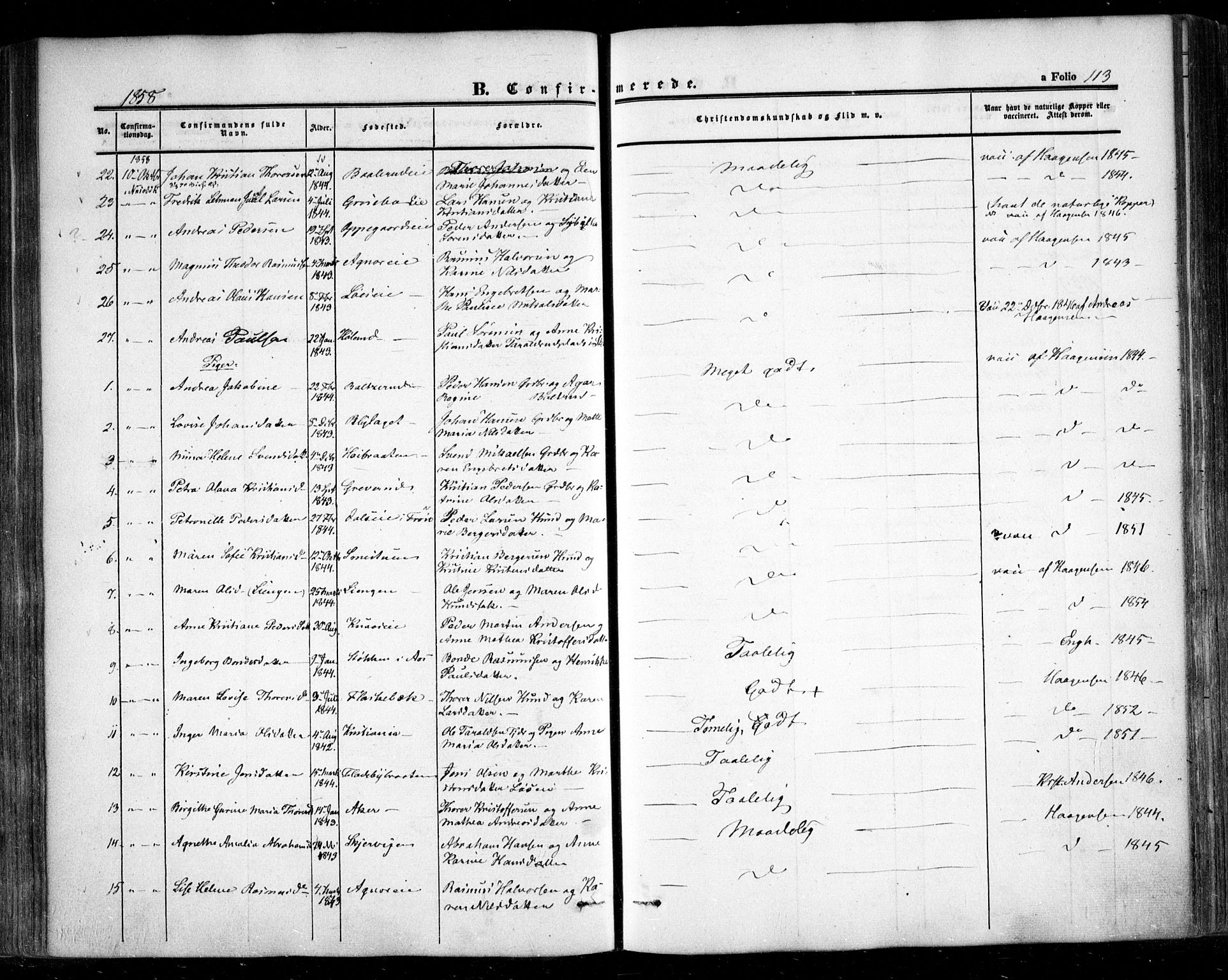 Nesodden prestekontor Kirkebøker, AV/SAO-A-10013/F/Fa/L0007: Parish register (official) no. I 7, 1848-1868, p. 113