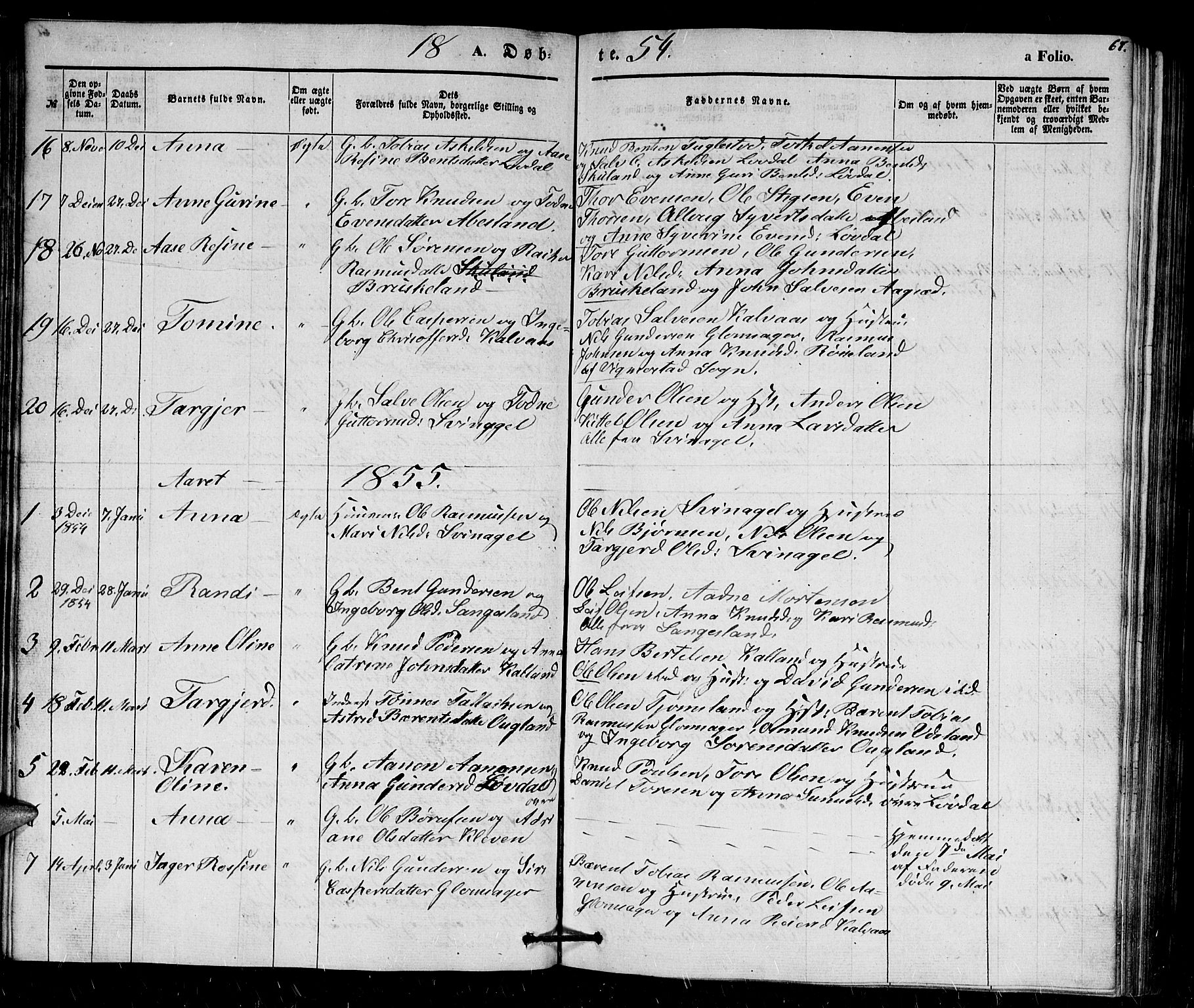 Holum sokneprestkontor, SAK/1111-0022/F/Fb/Fbb/L0002: Parish register (copy) no. B 2, 1847-1874, p. 67