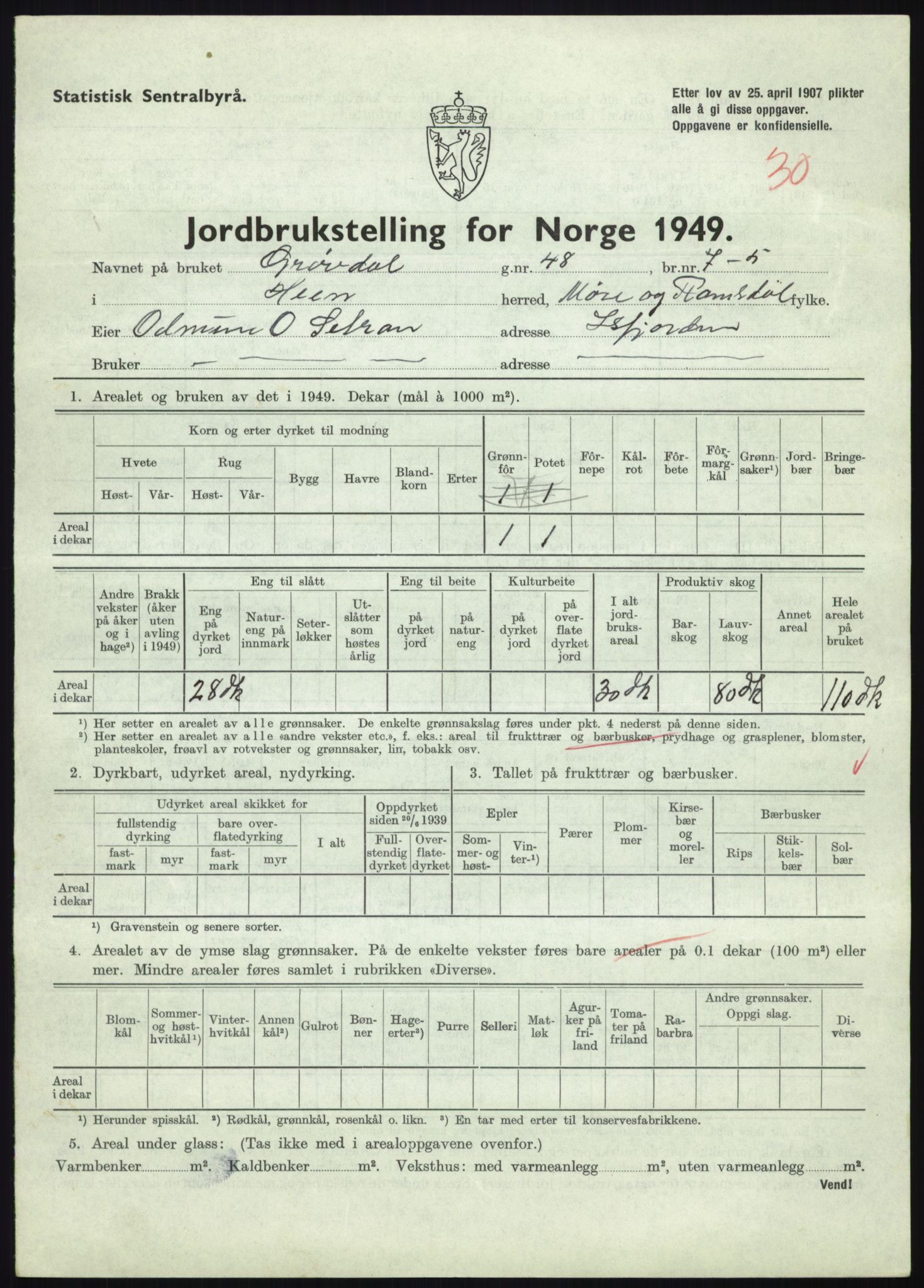 Statistisk sentralbyrå, Næringsøkonomiske emner, Jordbruk, skogbruk, jakt, fiske og fangst, AV/RA-S-2234/G/Gc/L0323: Møre og Romsdal: Grytten og Hen, 1949, p. 615