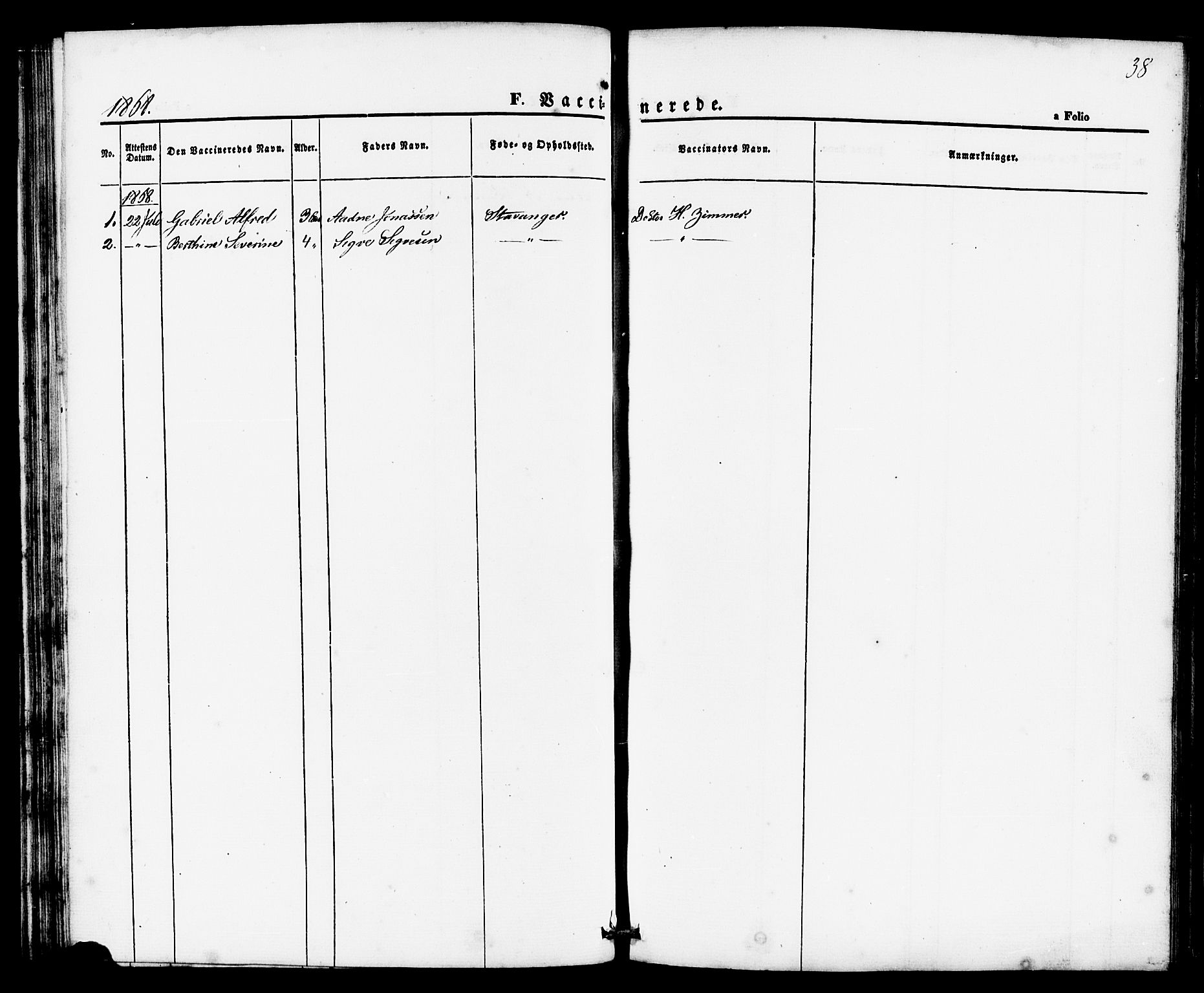 Domkirken sokneprestkontor, SAST/A-101812/001/30/30BE/L0002: Vaccination register no. 2, 1860-1868, p. 38