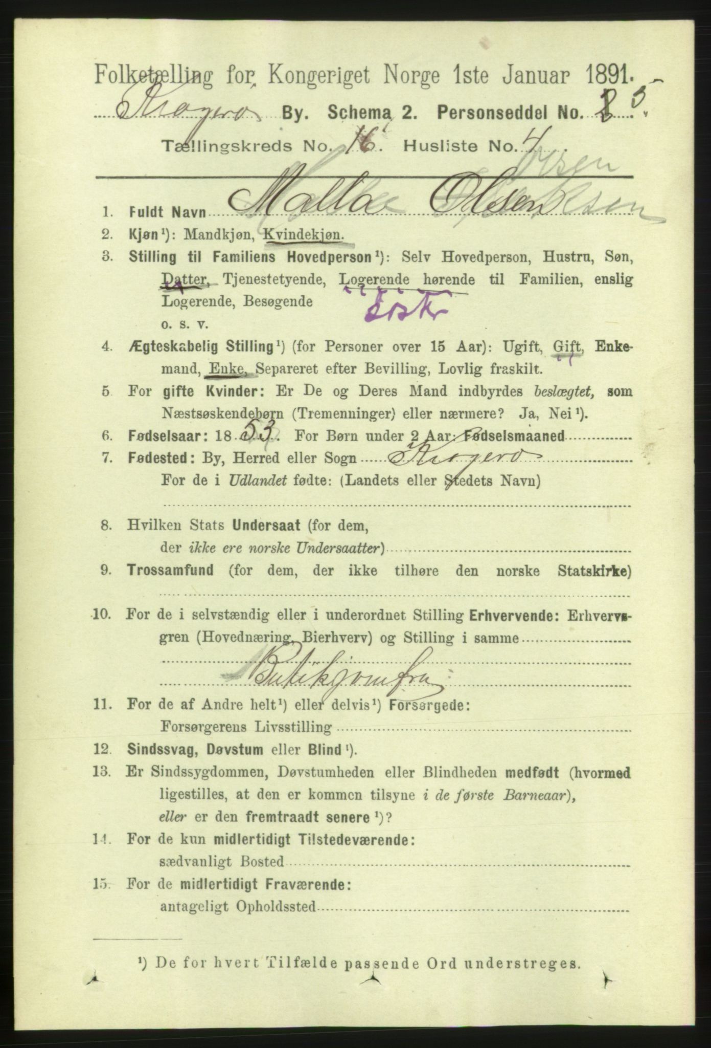 RA, 1891 census for 0801 Kragerø, 1891, p. 4322