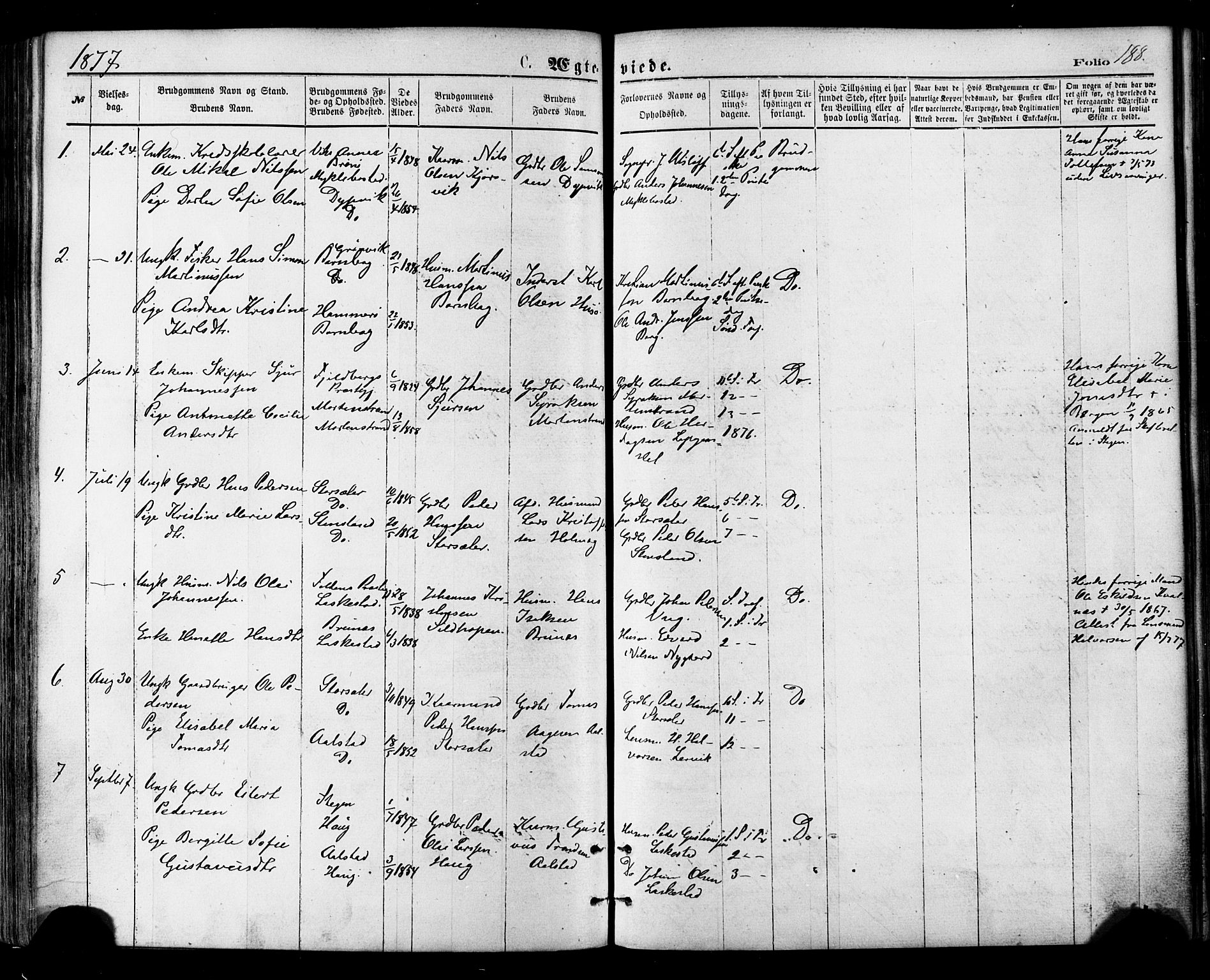 Ministerialprotokoller, klokkerbøker og fødselsregistre - Nordland, SAT/A-1459/855/L0802: Parish register (official) no. 855A10, 1875-1886, p. 188