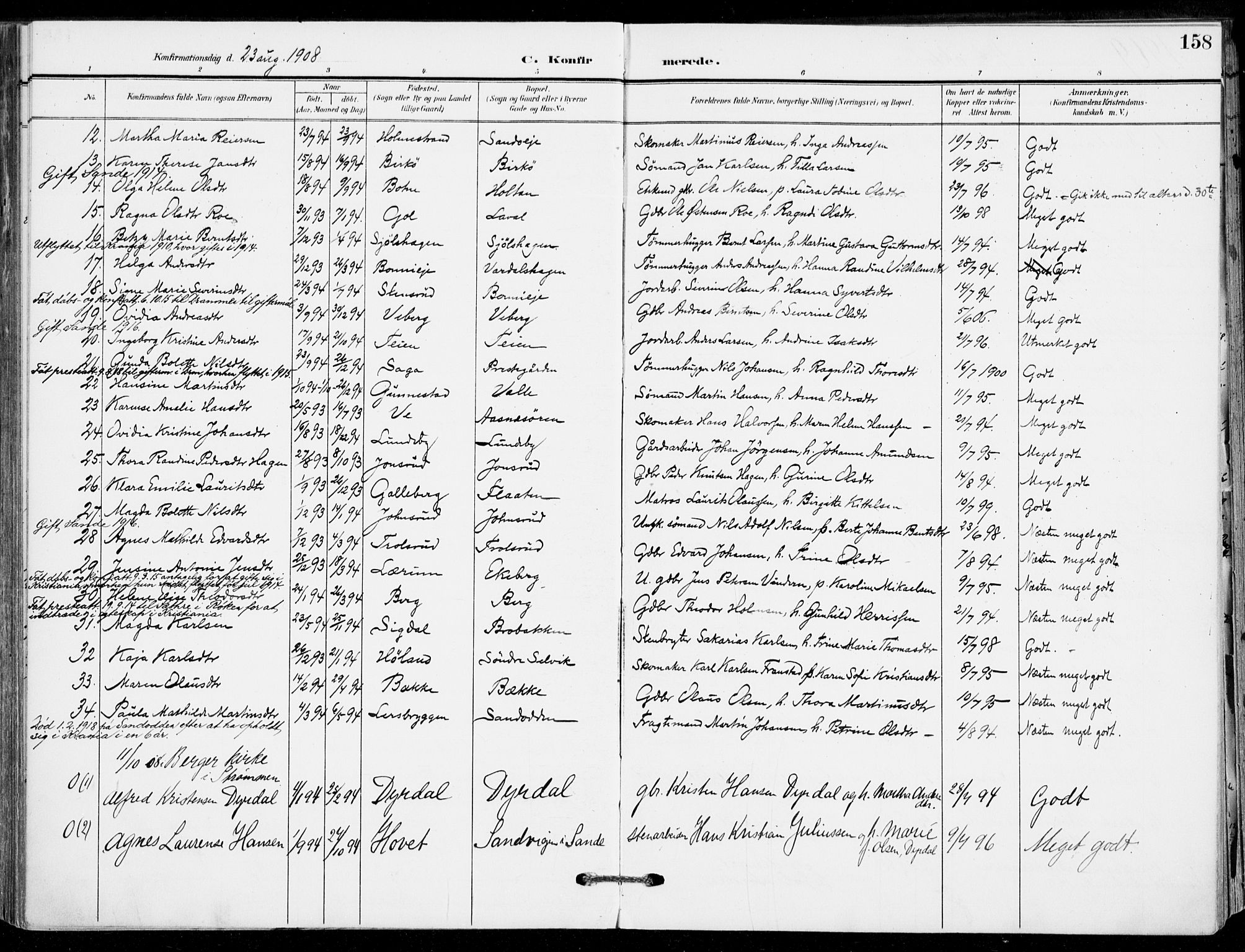 Sande Kirkebøker, AV/SAKO-A-53/F/Fa/L0008: Parish register (official) no. 8, 1904-1921, p. 158
