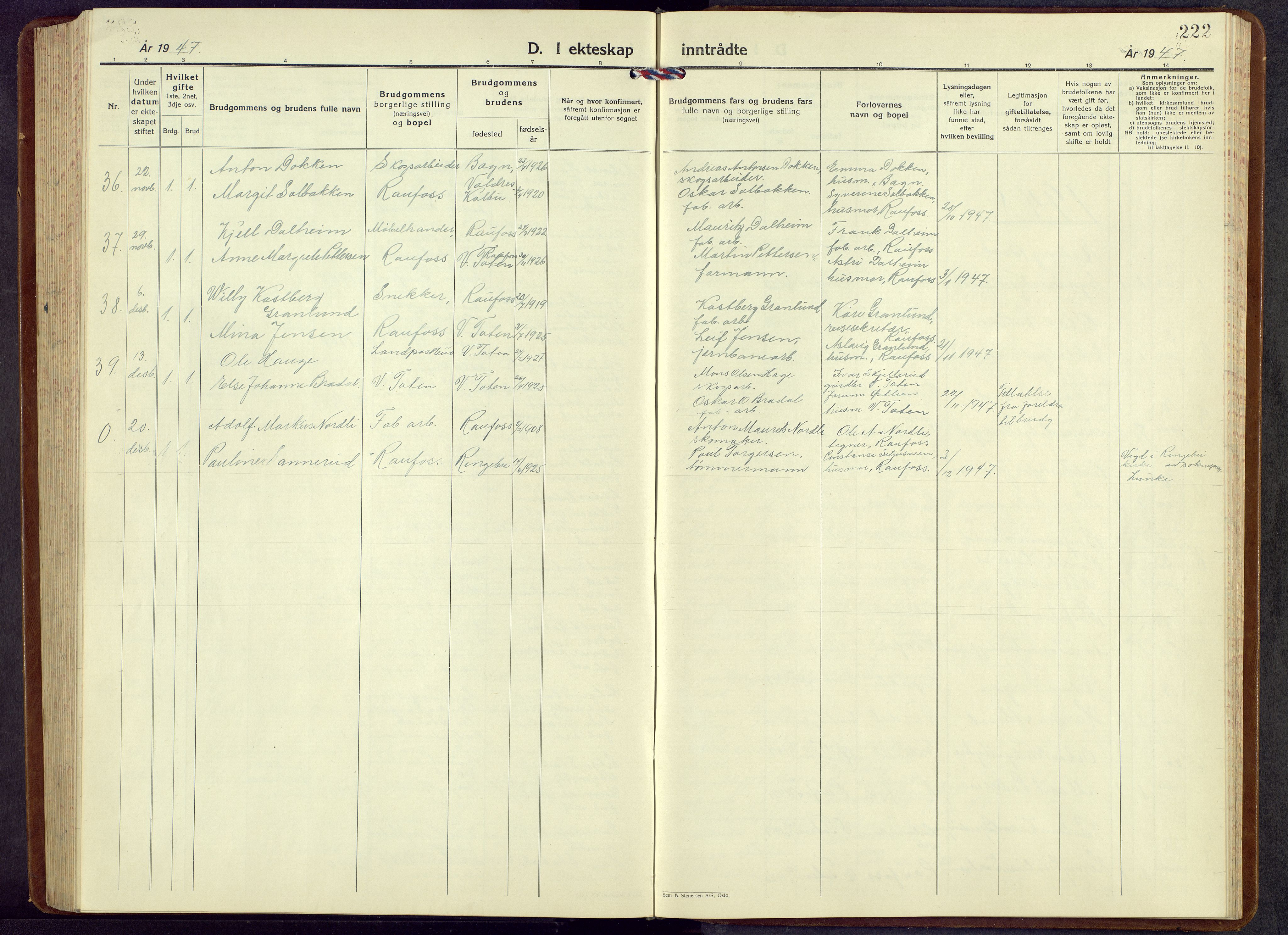 Vestre Toten prestekontor, SAH/PREST-108/H/Ha/Hab/L0013: Parish register (copy) no. 13, 1940-1956, p. 222