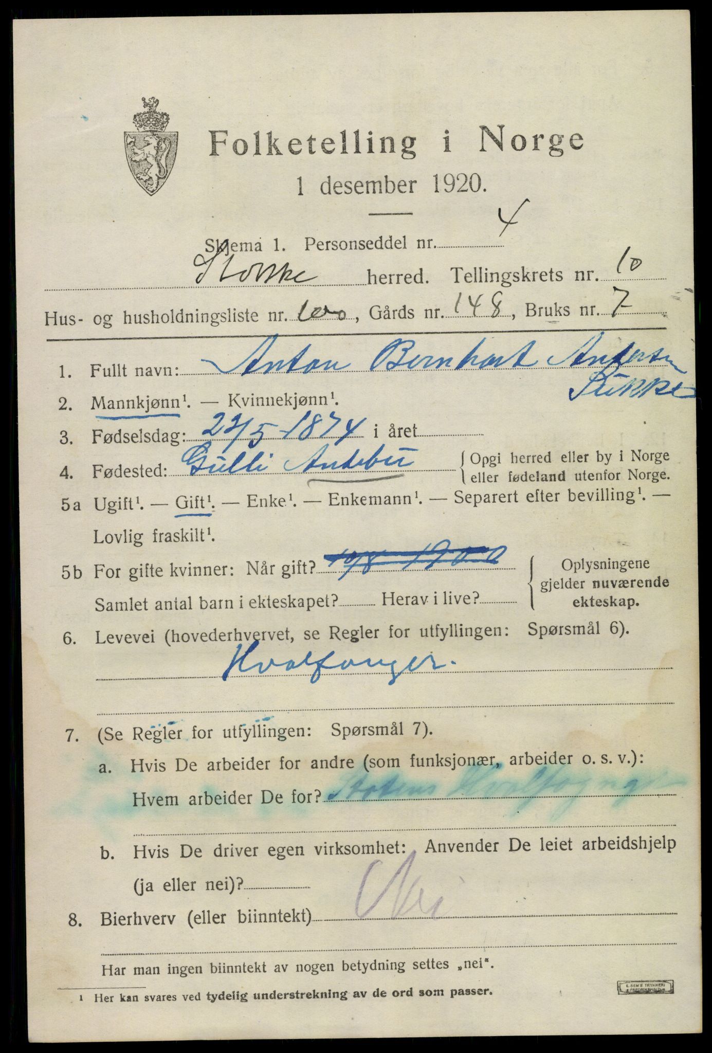 SAKO, 1920 census for Stokke, 1920, p. 12238