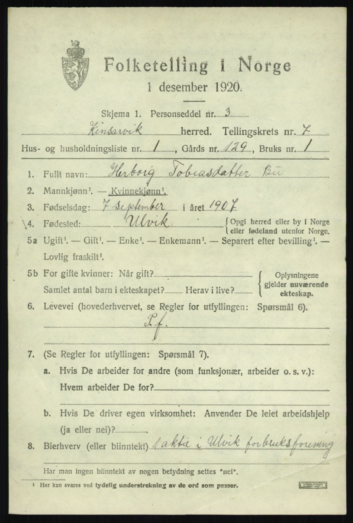 SAB, 1920 census for Kinsarvik, 1920, p. 3158