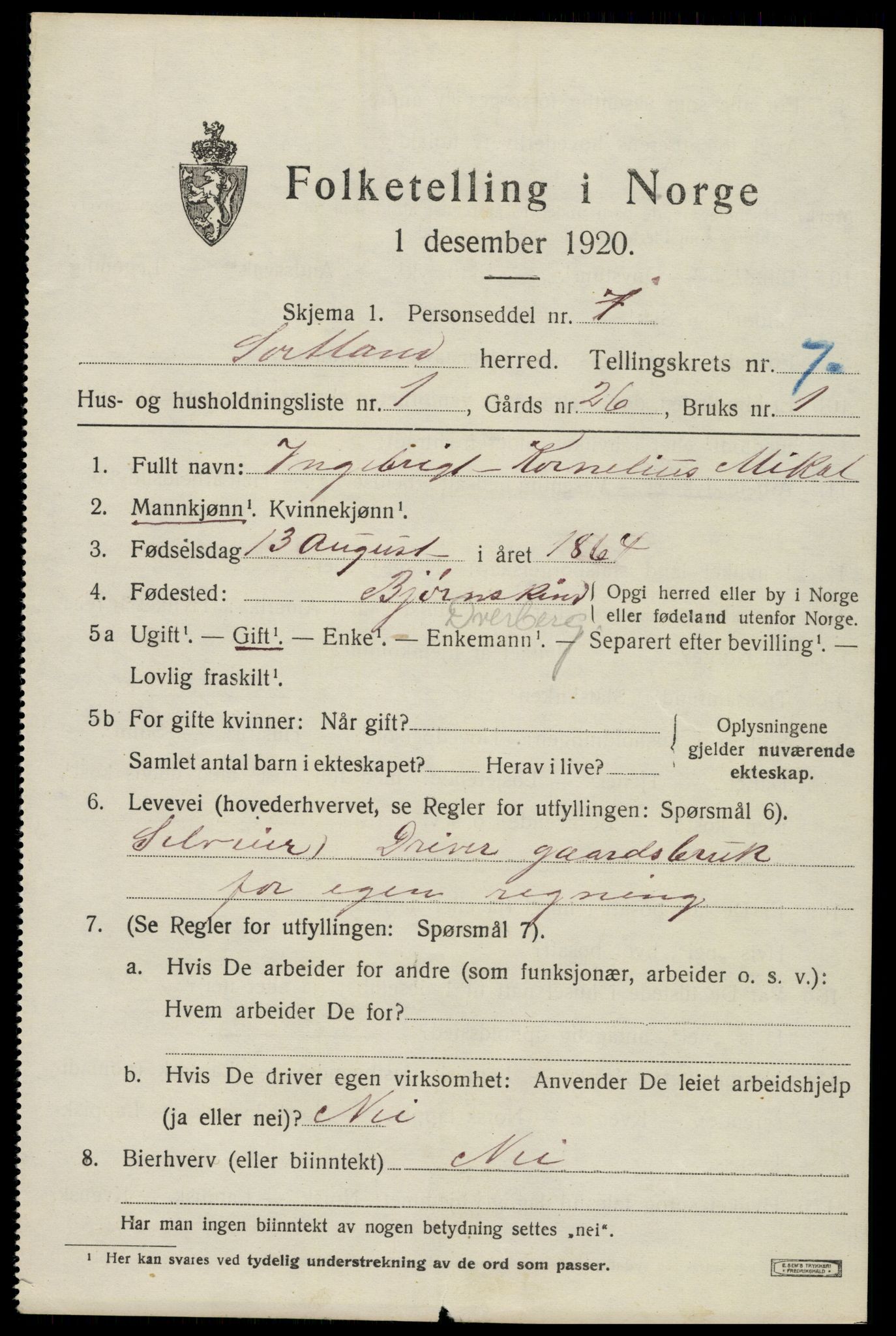 SAT, 1920 census for Sortland, 1920, p. 6534