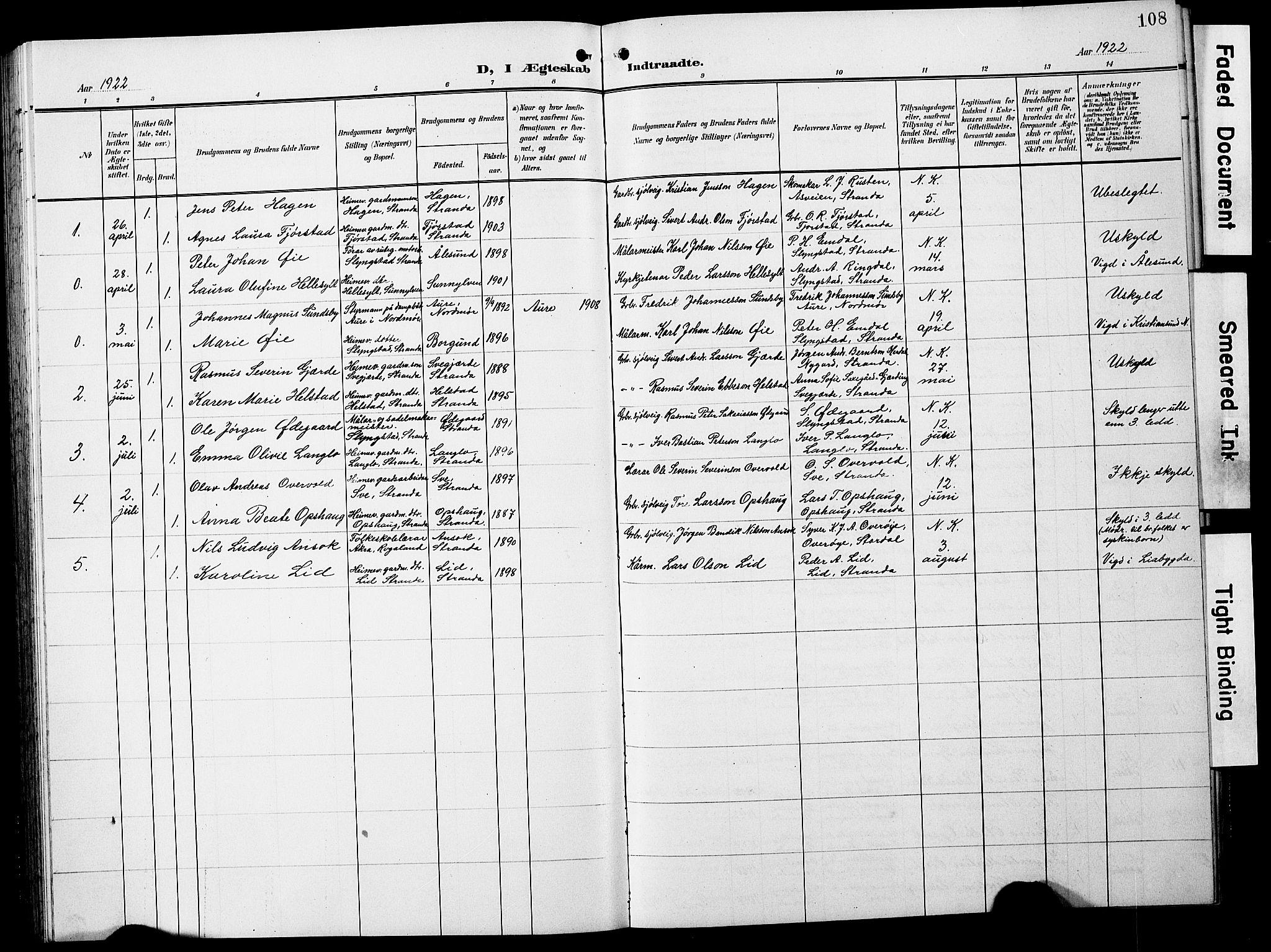 Ministerialprotokoller, klokkerbøker og fødselsregistre - Møre og Romsdal, SAT/A-1454/520/L0293: Parish register (copy) no. 520C05, 1902-1923, p. 108