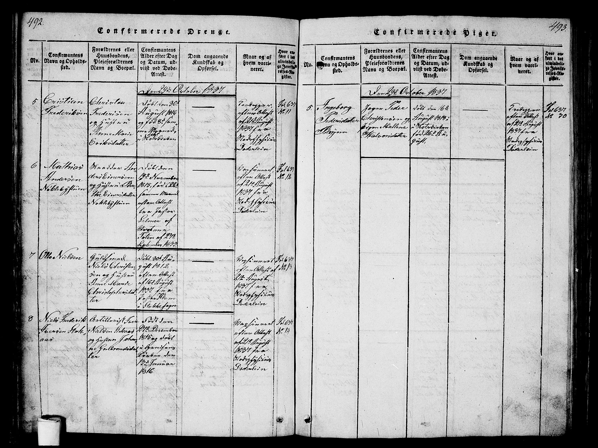 Kristiania tukthusprest Kirkebøker, AV/SAO-A-10881/G/Ga/L0001: Parish register (copy) no. 1, 1818-1857, p. 492-493