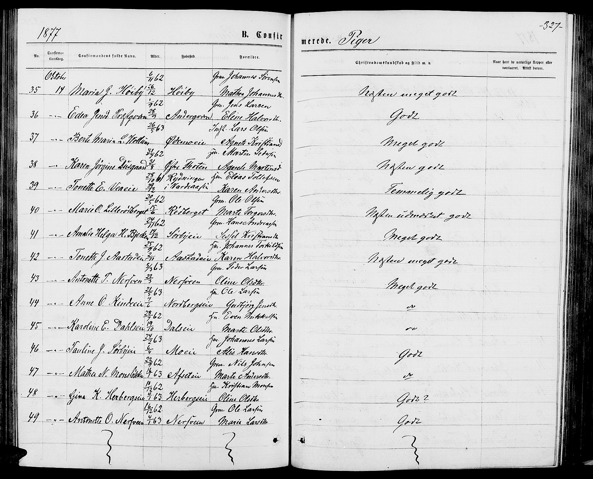 Ringsaker prestekontor, AV/SAH-PREST-014/L/La/L0008: Parish register (copy) no. 8, 1870-1878, p. 327