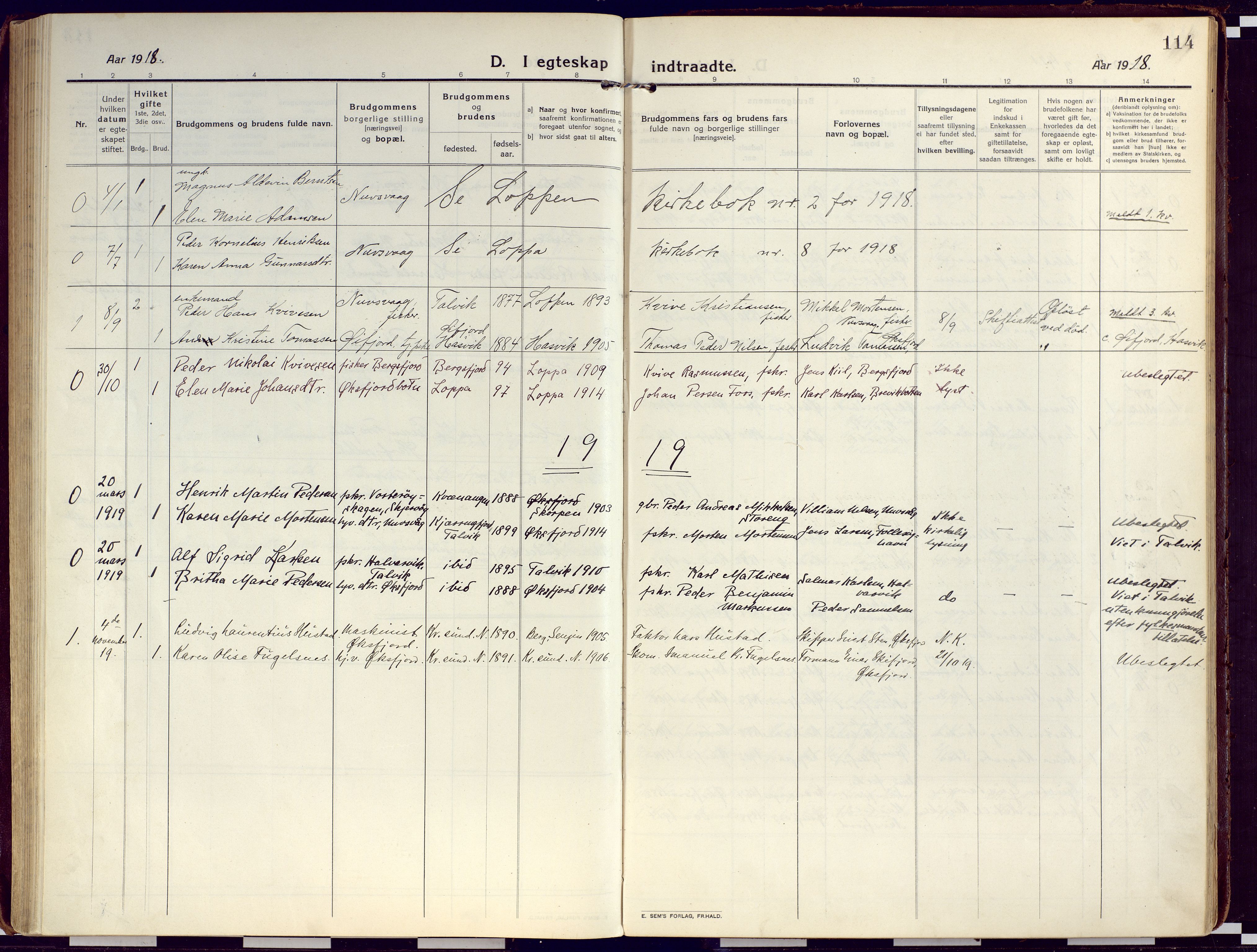 Loppa sokneprestkontor, SATØ/S-1339/H/Ha/L0012kirke: Parish register (official) no. 12, 1917-1932, p. 114
