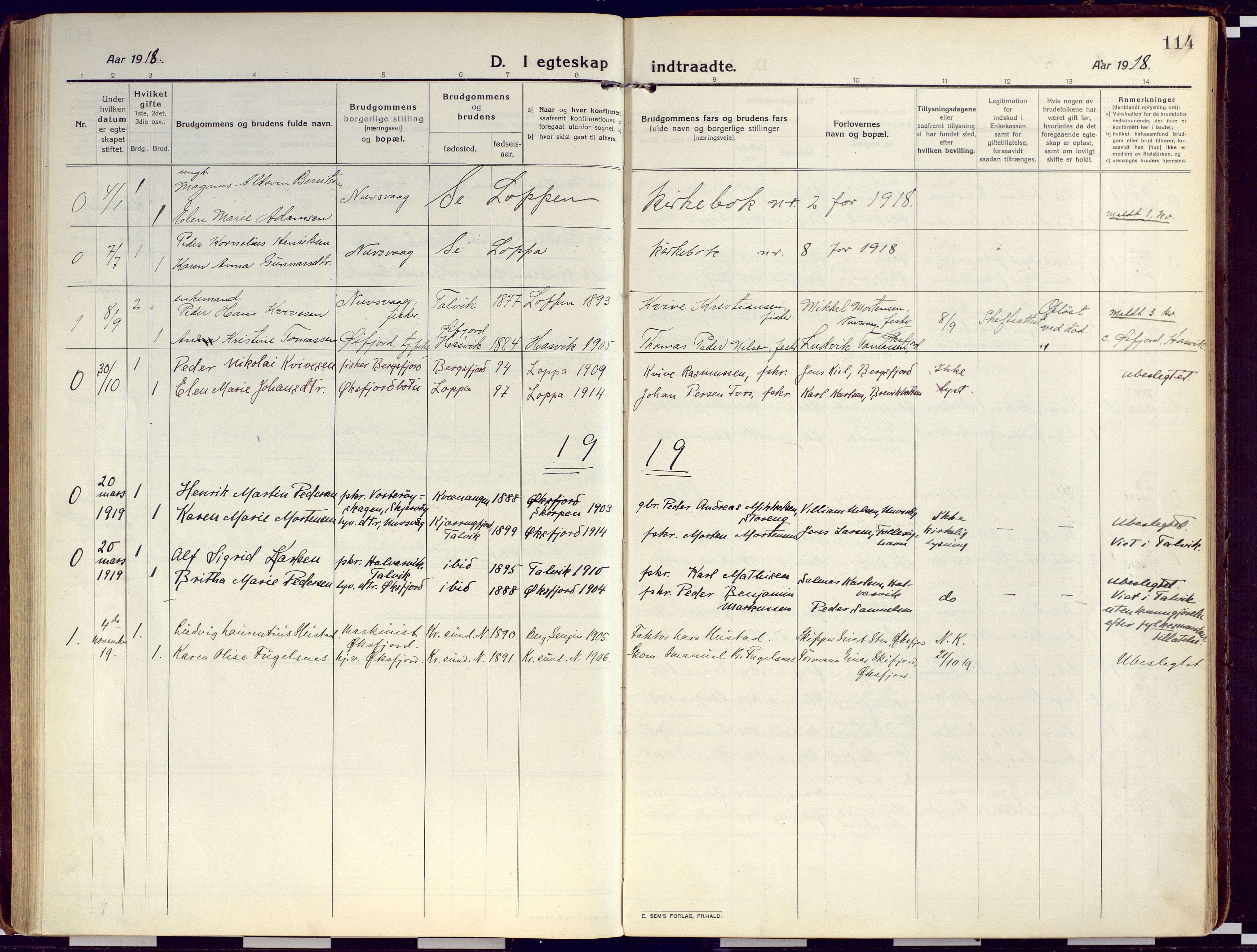 Loppa sokneprestkontor, AV/SATØ-S-1339/H/Ha/L0012kirke: Parish register (official) no. 12, 1917-1932, p. 114