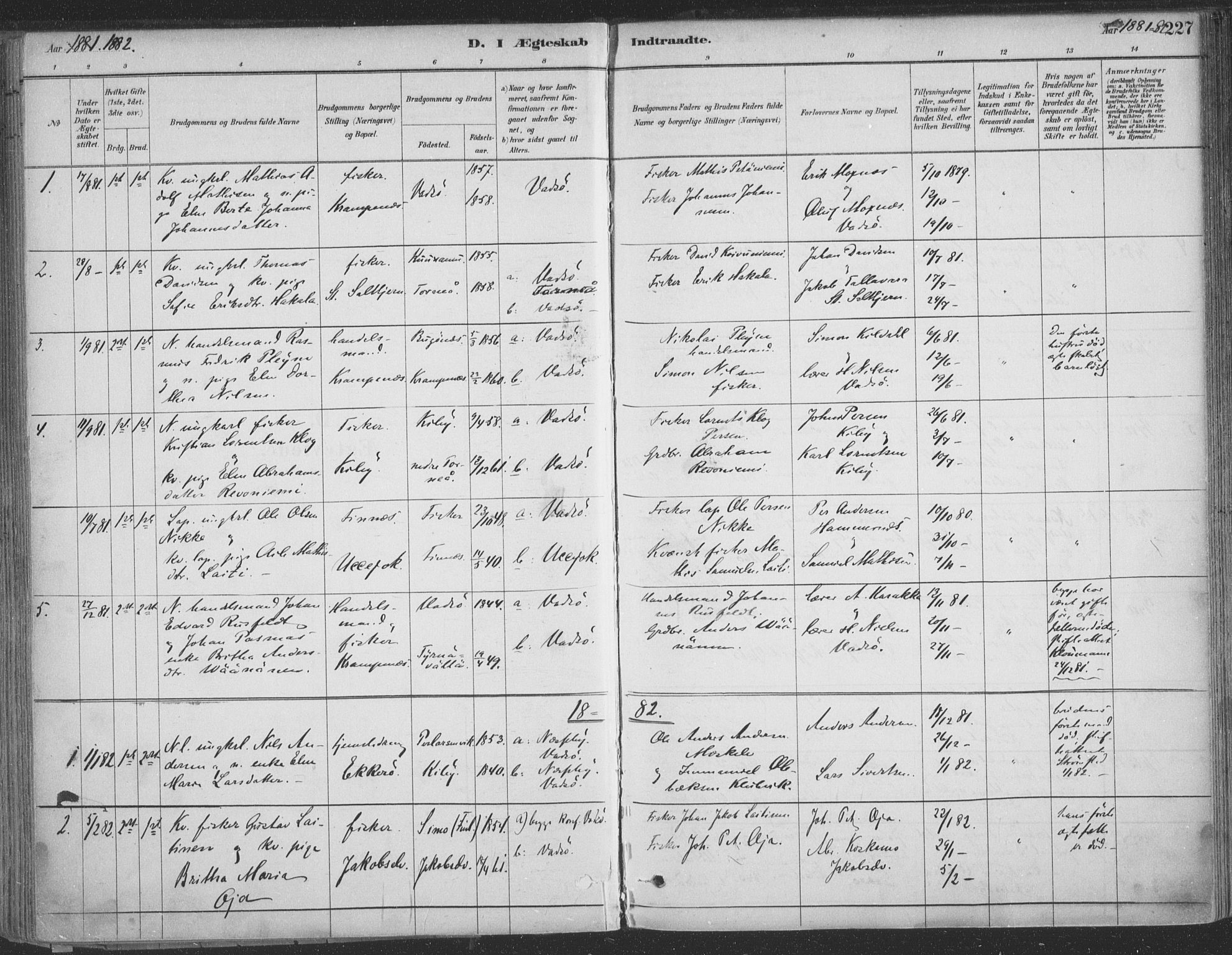 Vadsø sokneprestkontor, SATØ/S-1325/H/Ha/L0009kirke: Parish register (official) no. 9, 1881-1917, p. 227