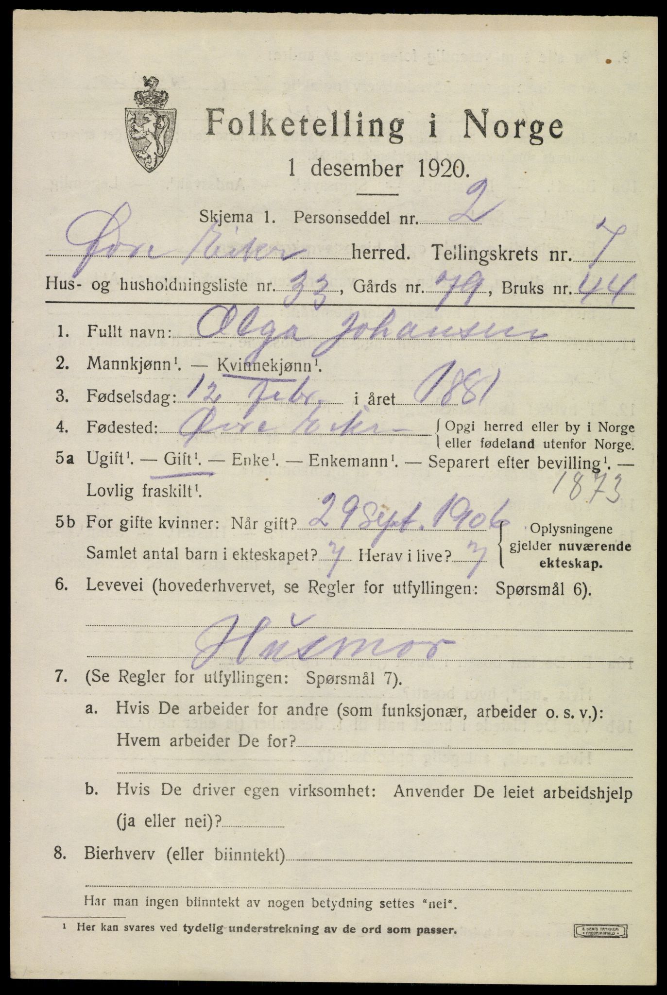 SAKO, 1920 census for Øvre Eiker, 1920, p. 13640