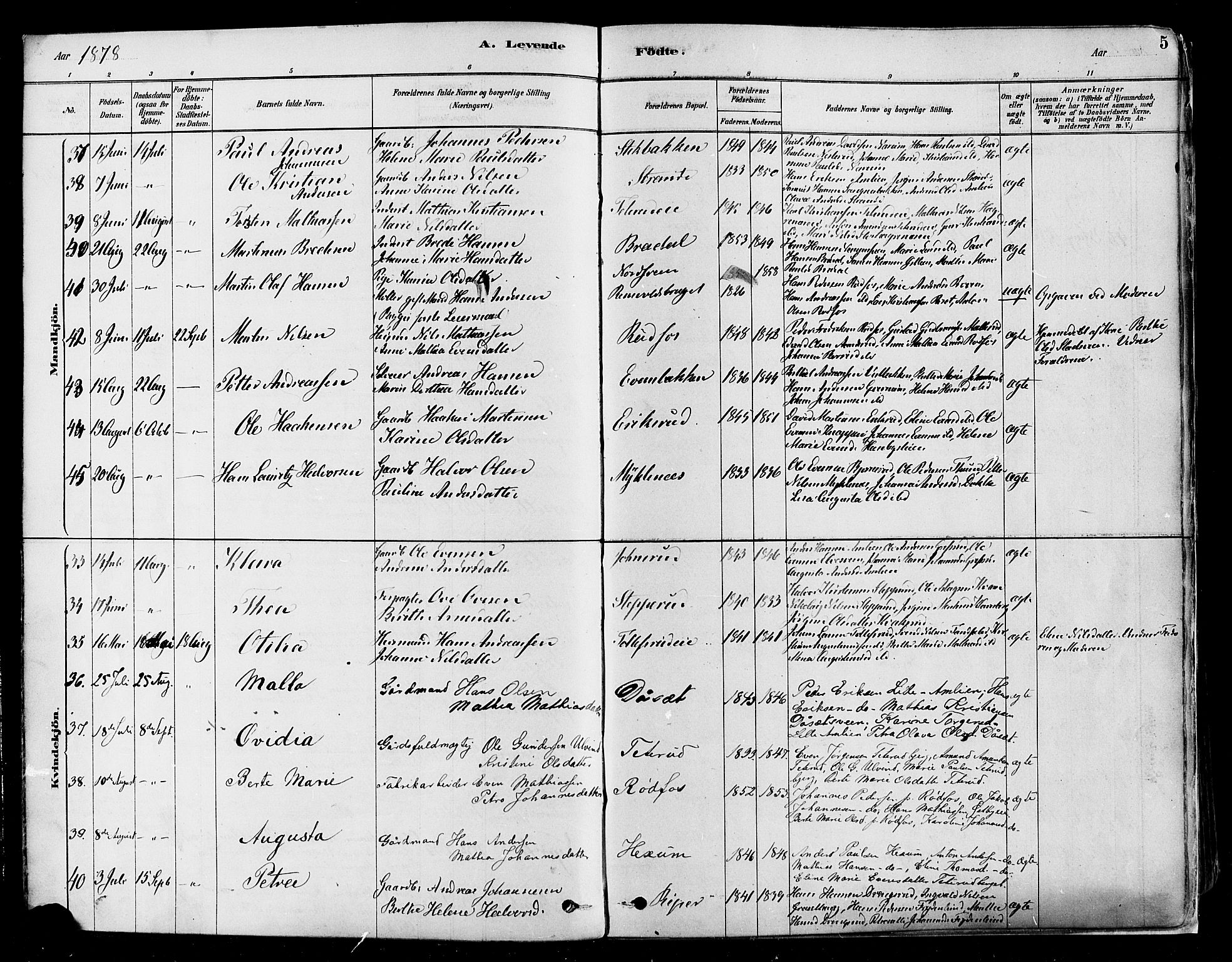 Vestre Toten prestekontor, AV/SAH-PREST-108/H/Ha/Haa/L0009: Parish register (official) no. 9, 1878-1894, p. 5