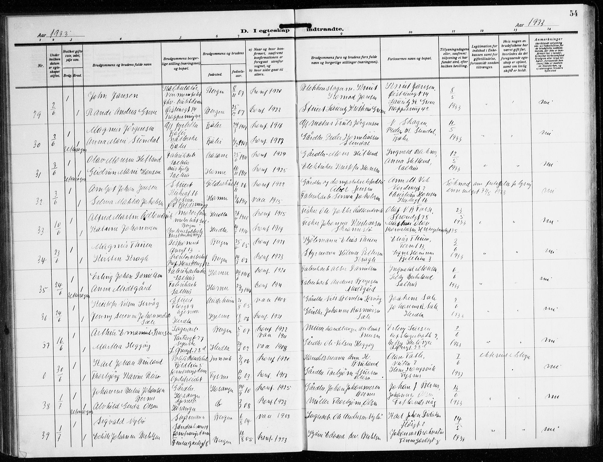 Korskirken sokneprestembete, AV/SAB-A-76101/H/Hab: Parish register (copy) no. D 5, 1926-1944, p. 54