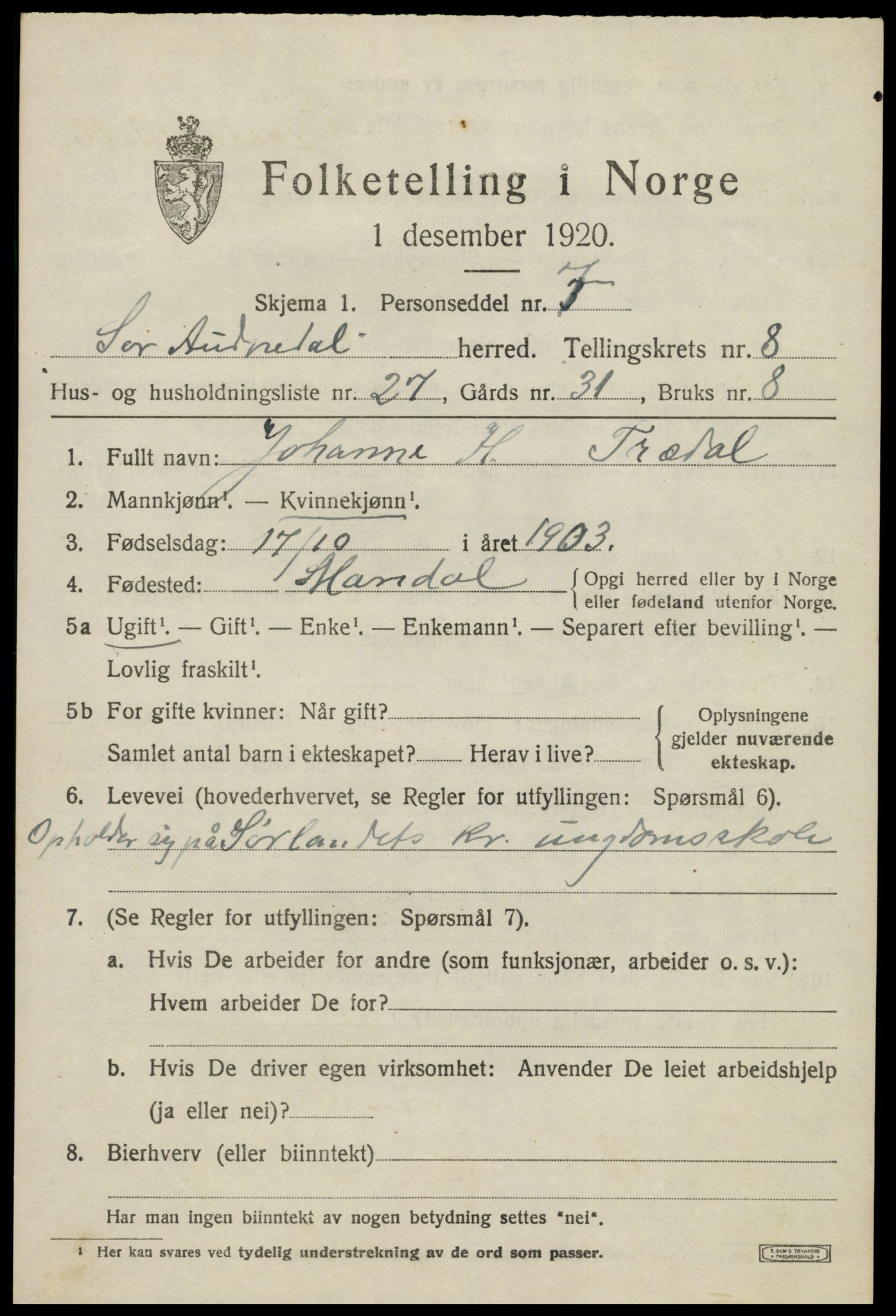 SAK, 1920 census for Sør-Audnedal, 1920, p. 3447