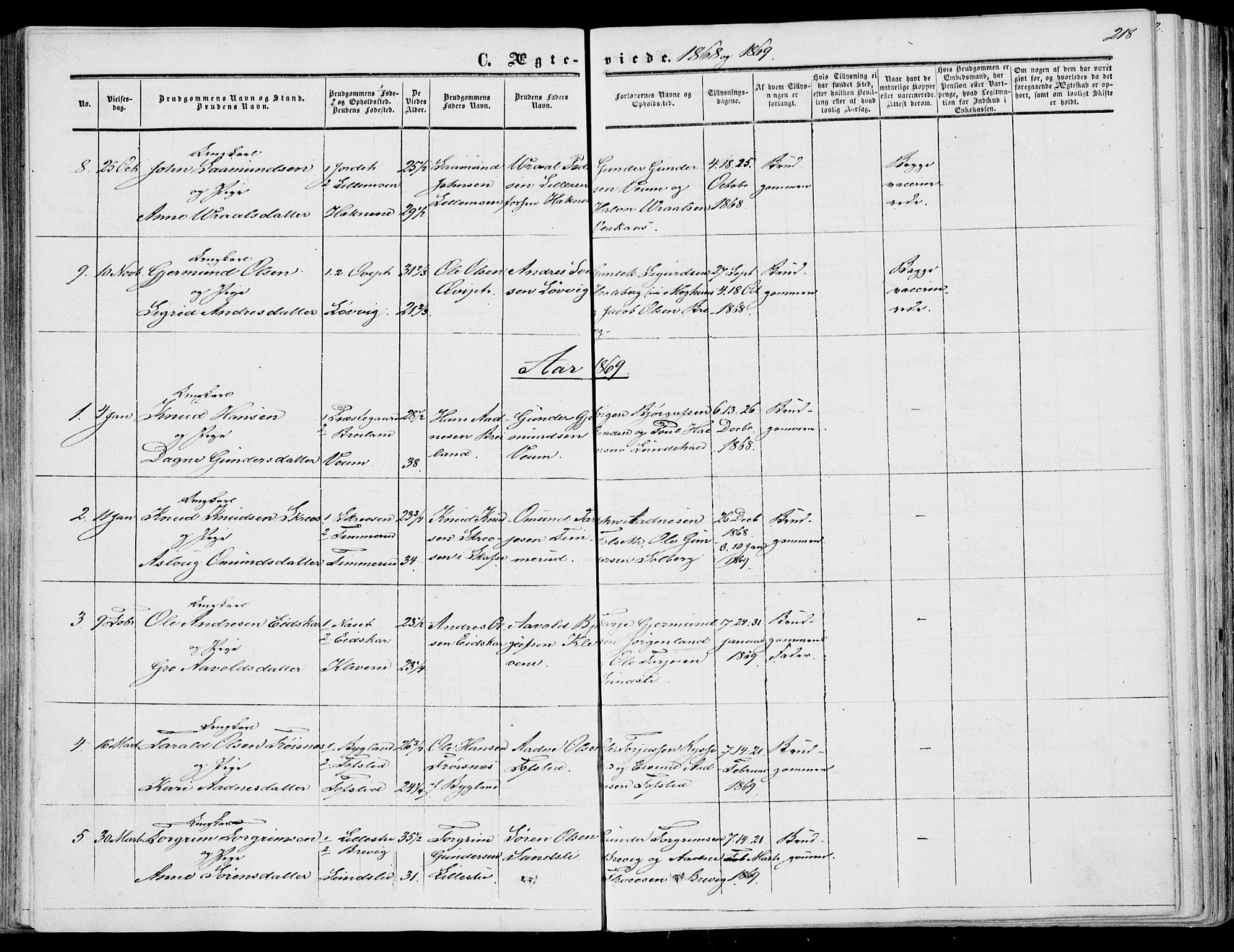Fyresdal kirkebøker, SAKO/A-263/F/Fa/L0005: Parish register (official) no. I 5, 1855-1871, p. 218