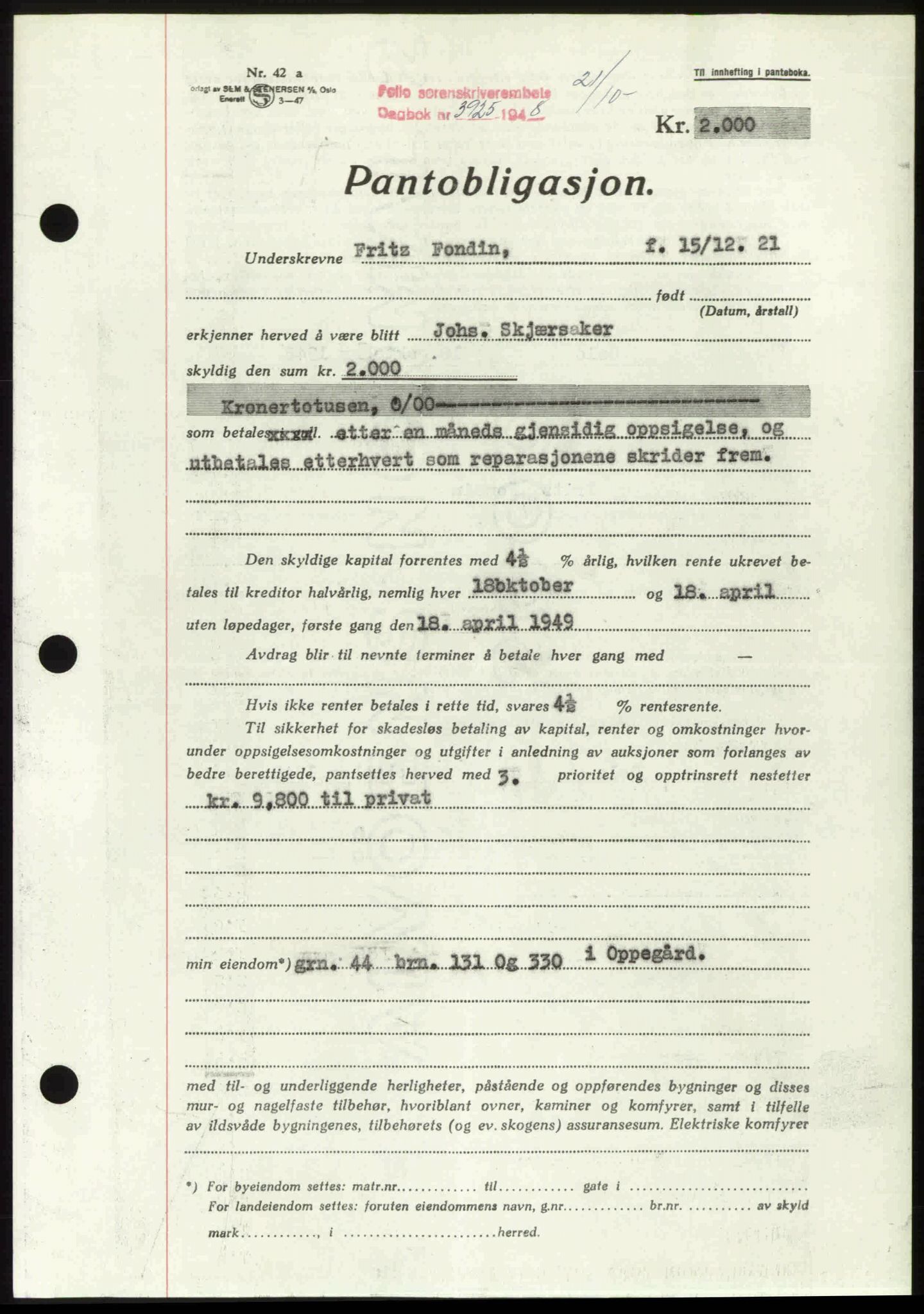 Follo sorenskriveri, SAO/A-10274/G/Ga/Gaa/L0085: Mortgage book no. I 85, 1948-1948, Diary no: : 3925/1948