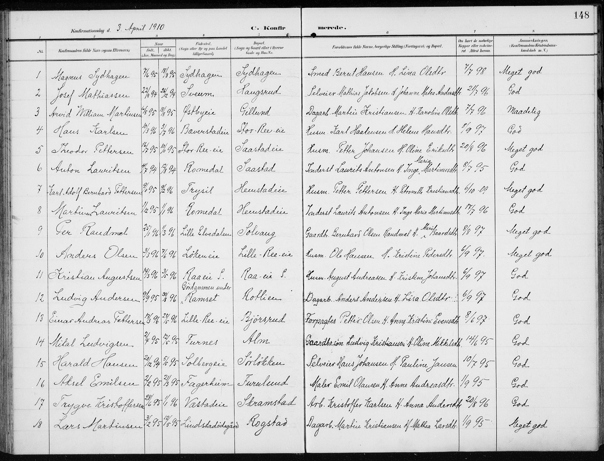 Stange prestekontor, AV/SAH-PREST-002/K/L0024: Parish register (official) no. 24, 1906-1922, p. 148